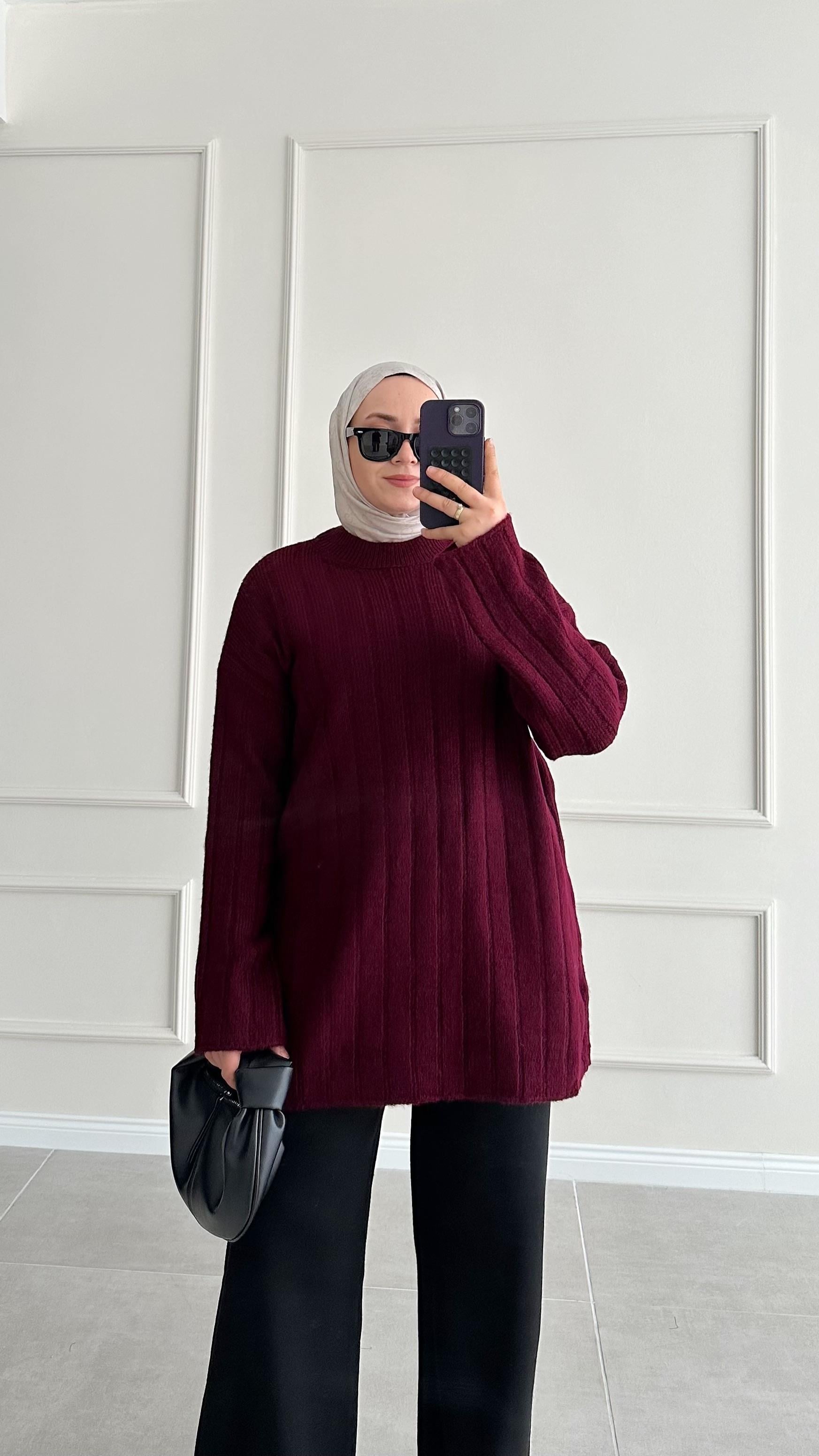 Piace Çizgili Bordo Triko Kazak 