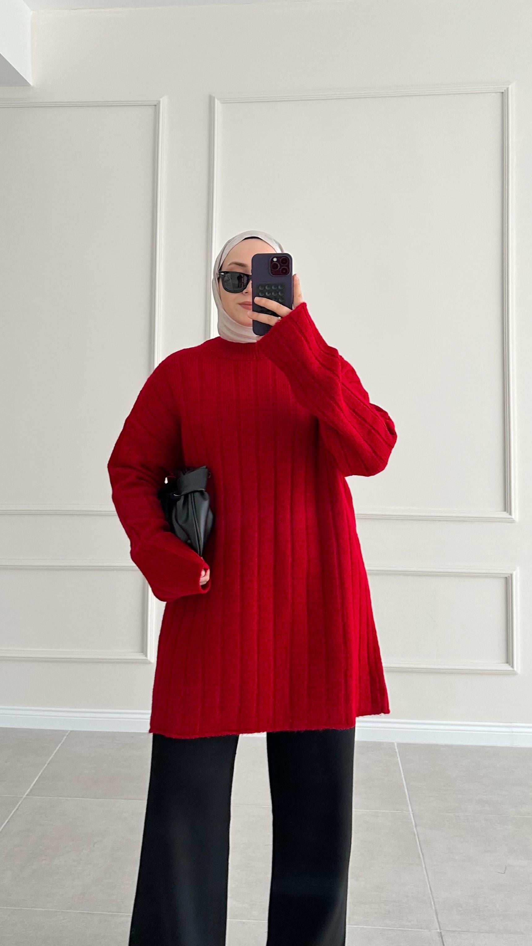 Piace Çizgili Kırmızı Triko Kazak 