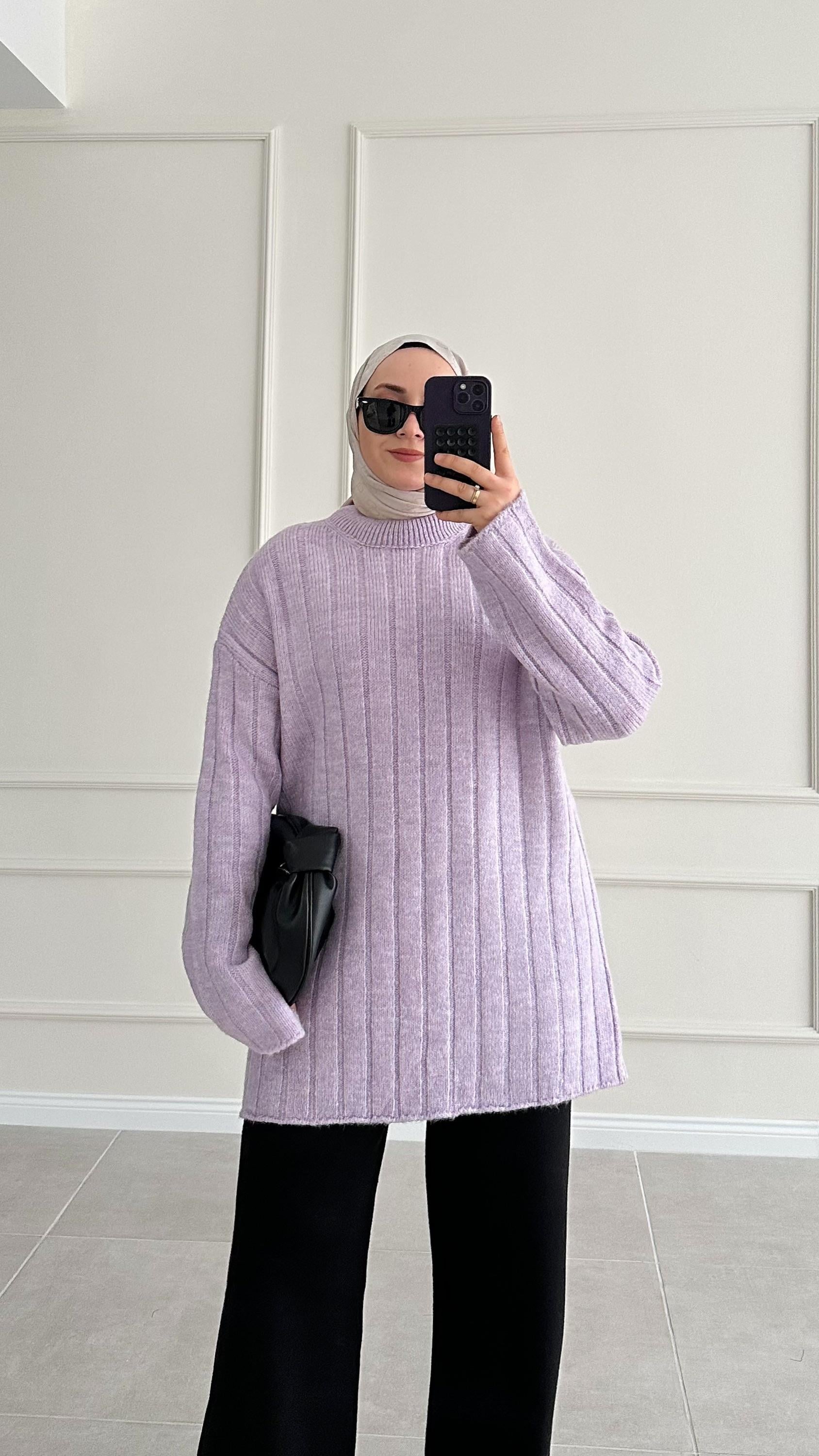 Piace Çizgili Lila Triko Kazak 