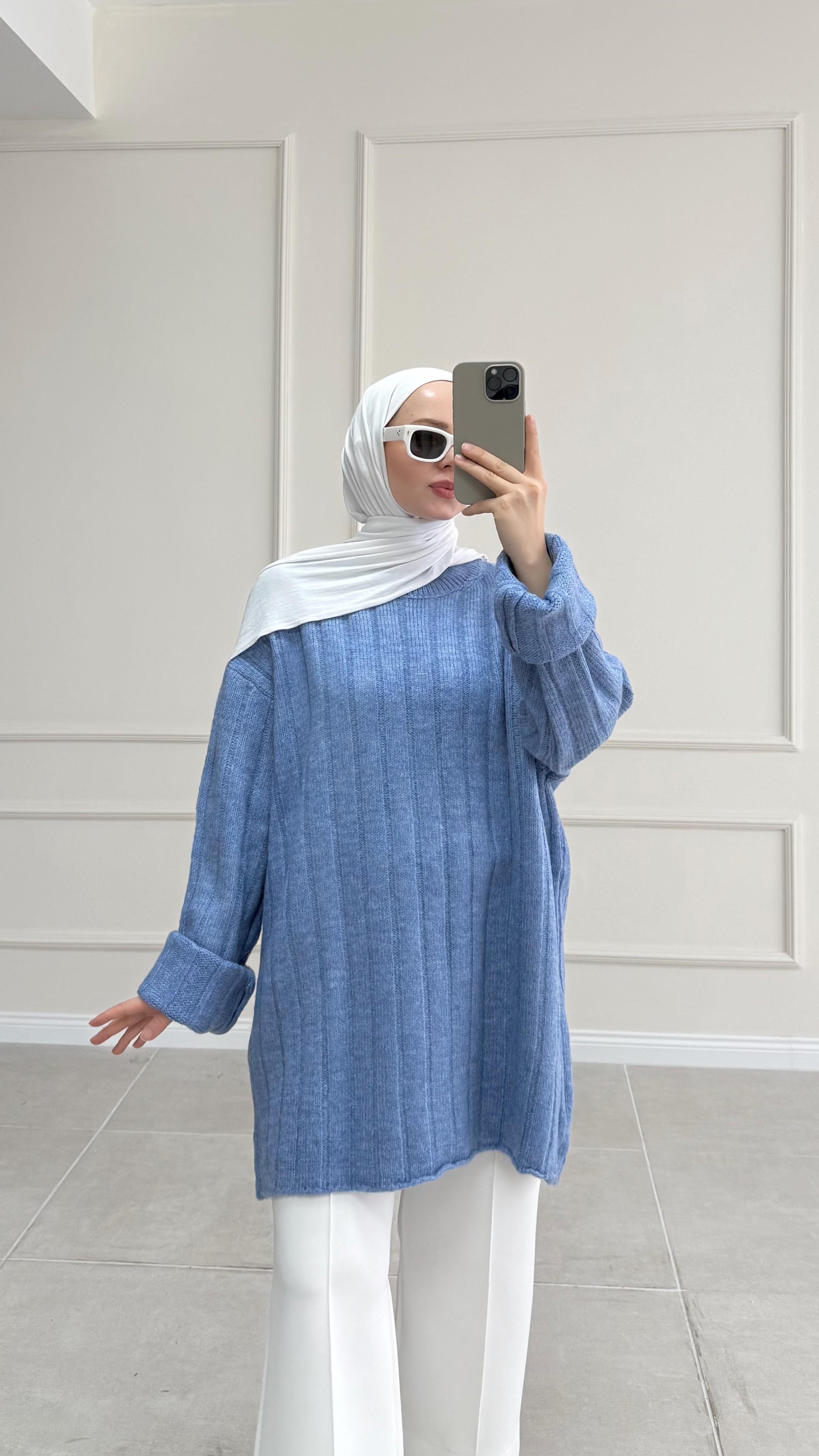 Piace Çizgili Mavi Triko Kazak 