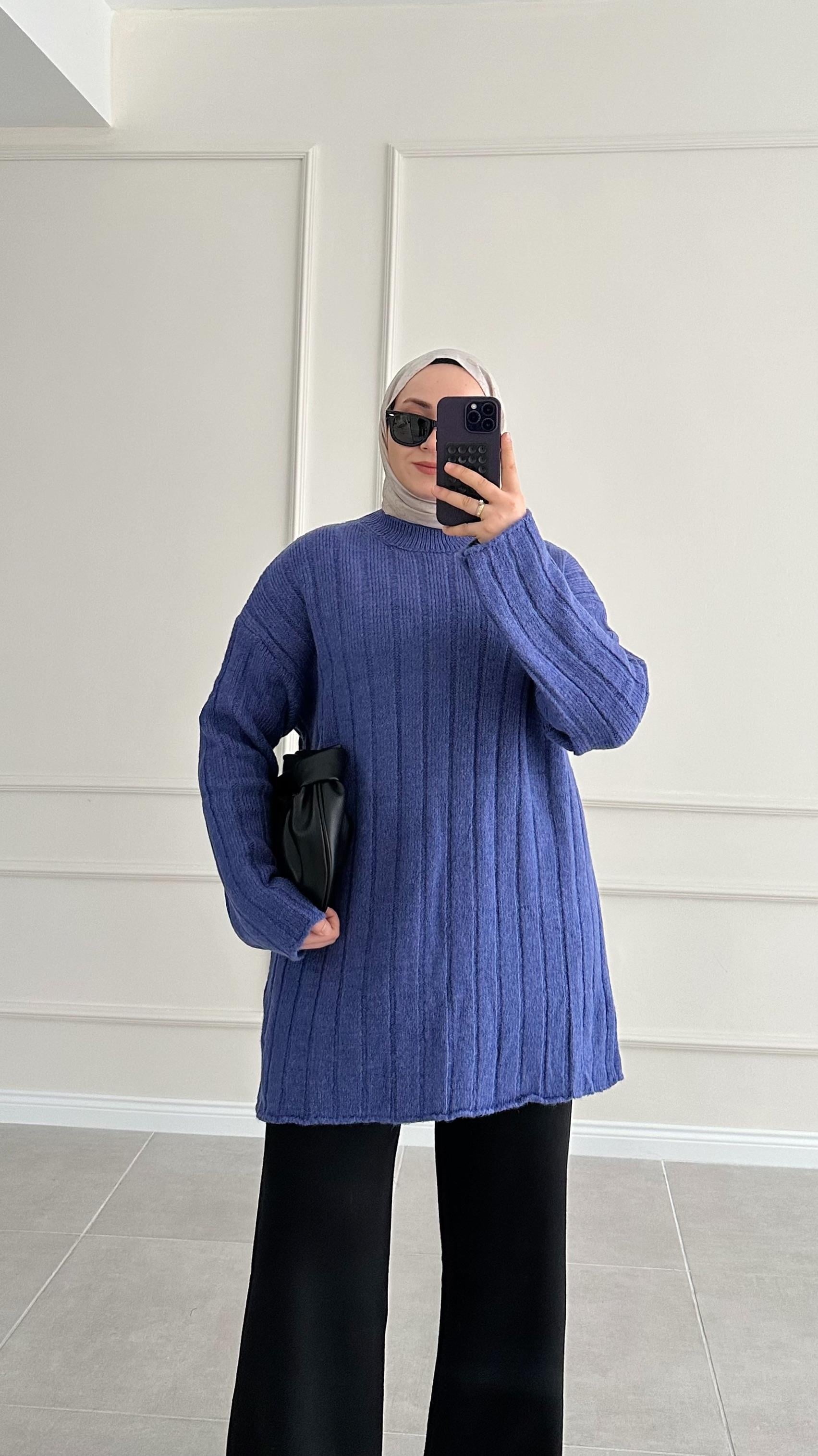 Piace Çizgili Mor Triko Kazak 