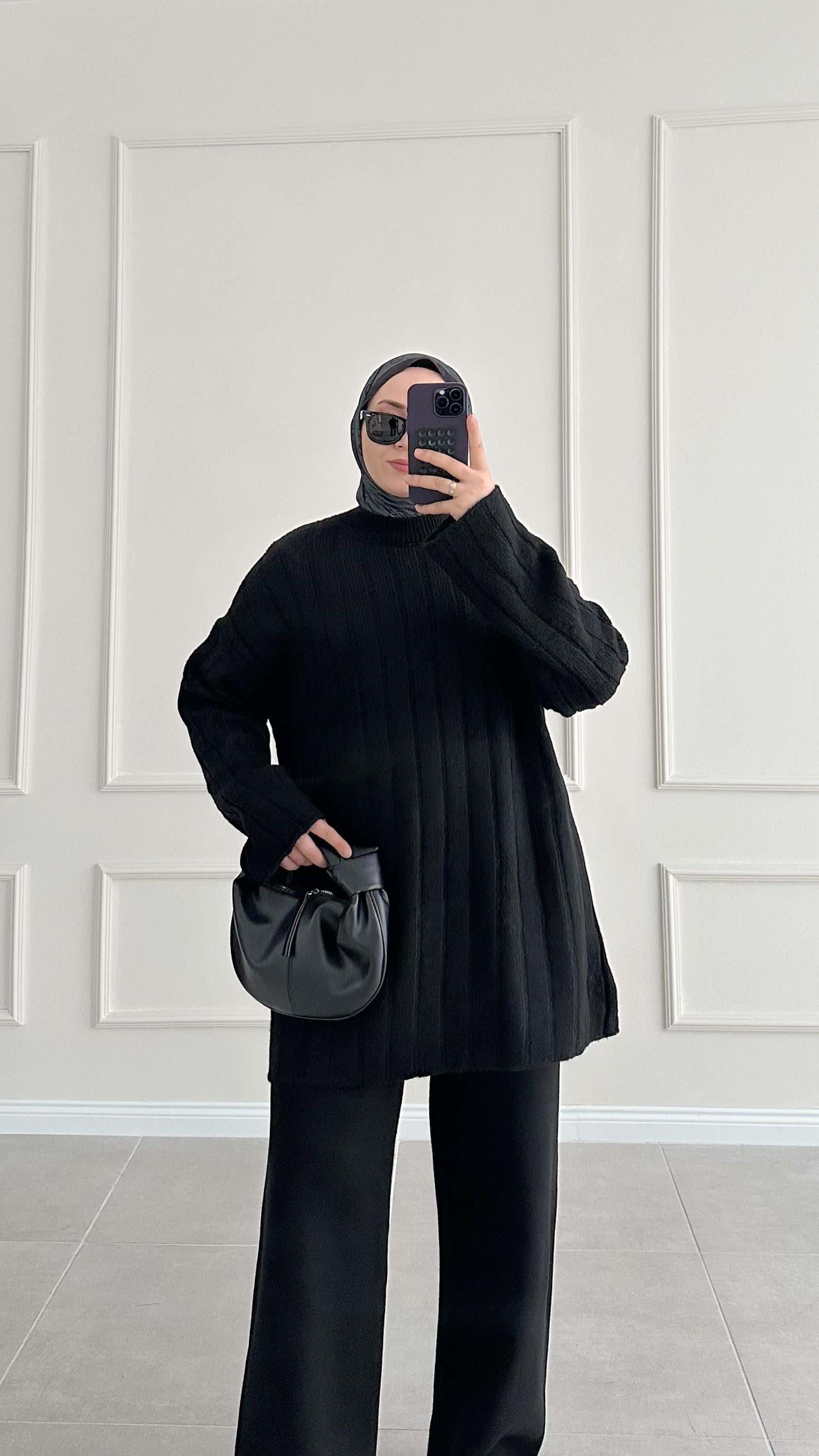 Piace Çizgili Siyah Triko Kazak 