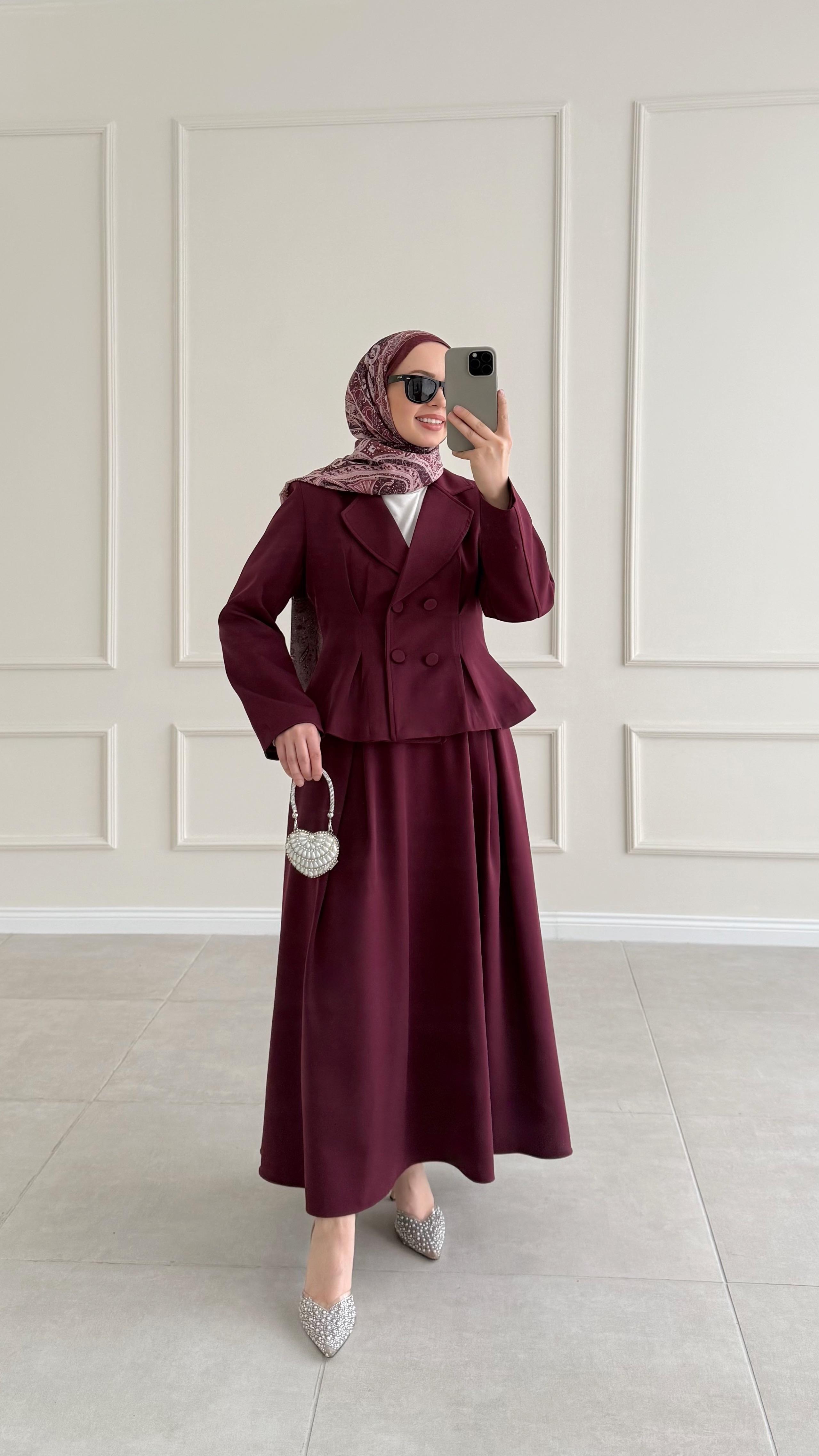 Pilikaşe Double Bordo Etek Takım