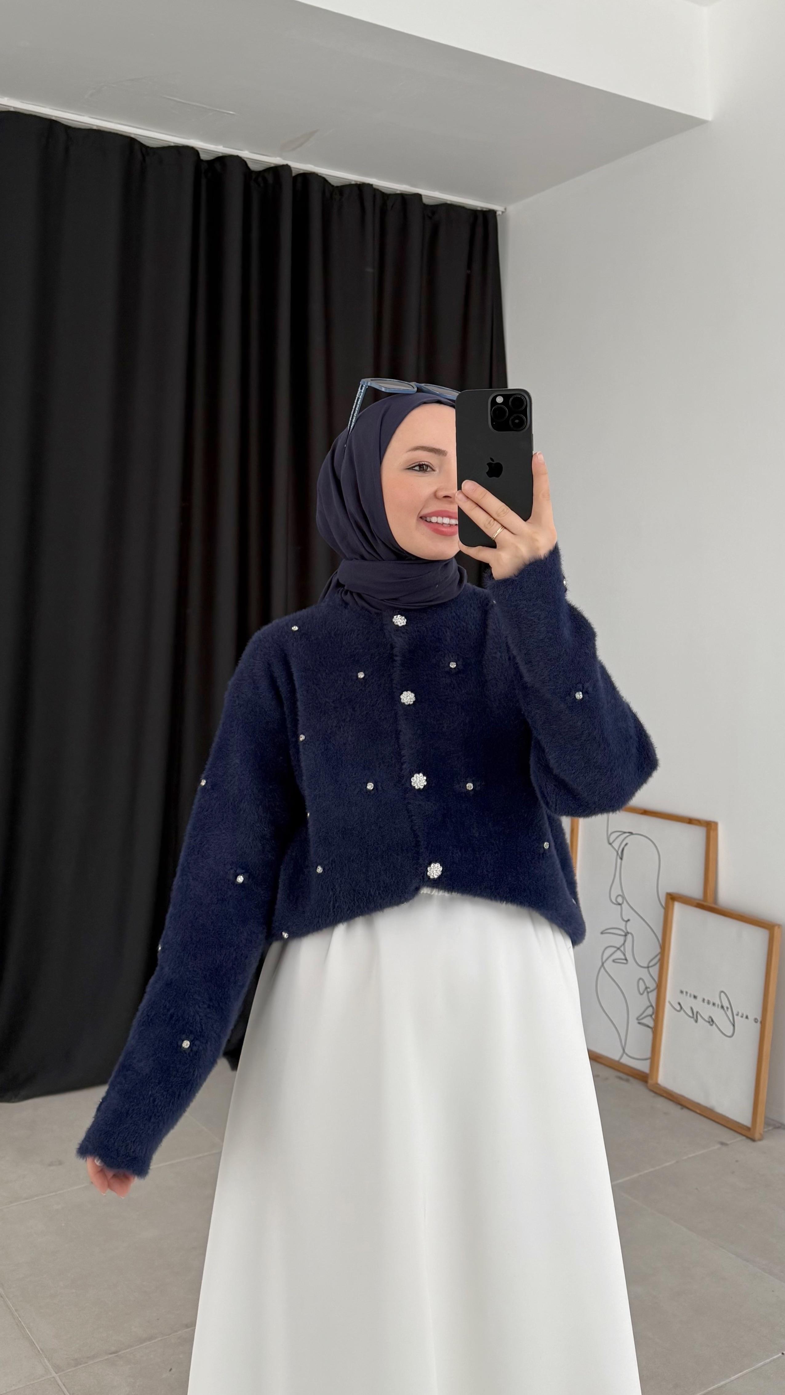 Raya Premıum Angora Taşlı Lacivert Hırka 