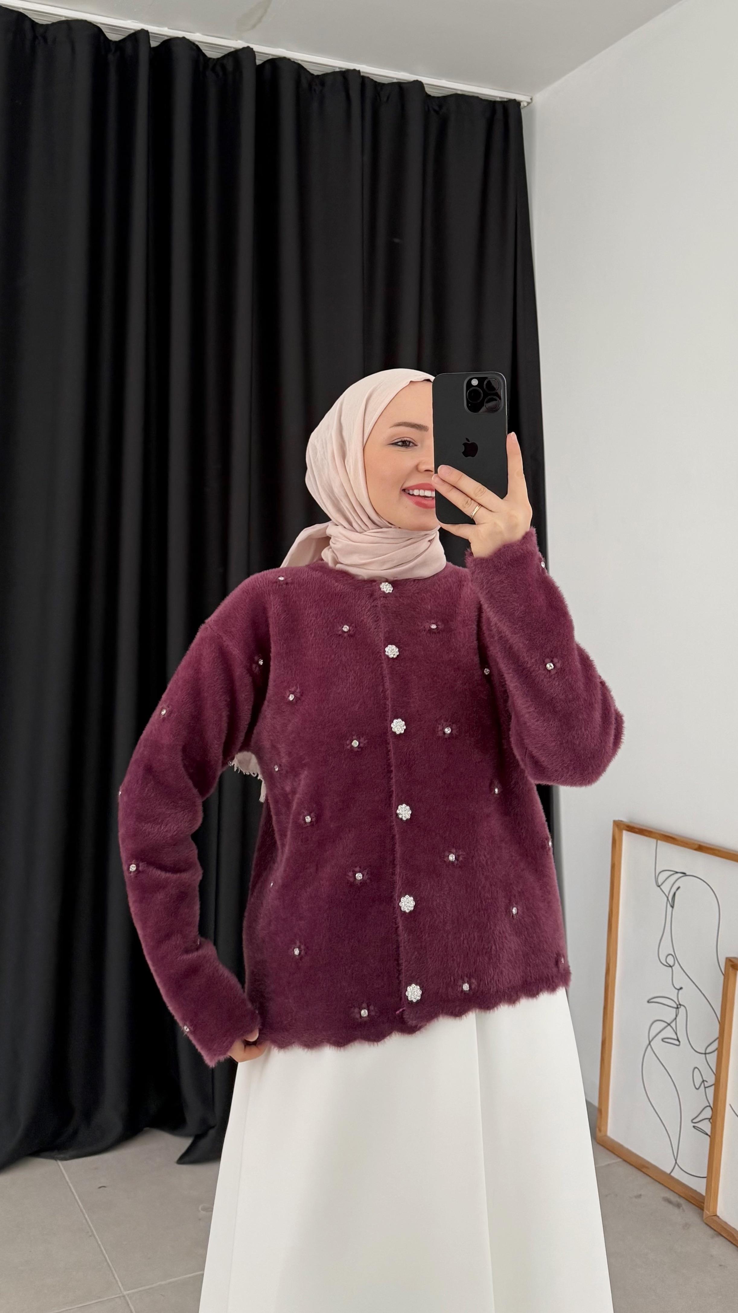 Raya Premıum Angora Taşlı Mürdüm Hırka 