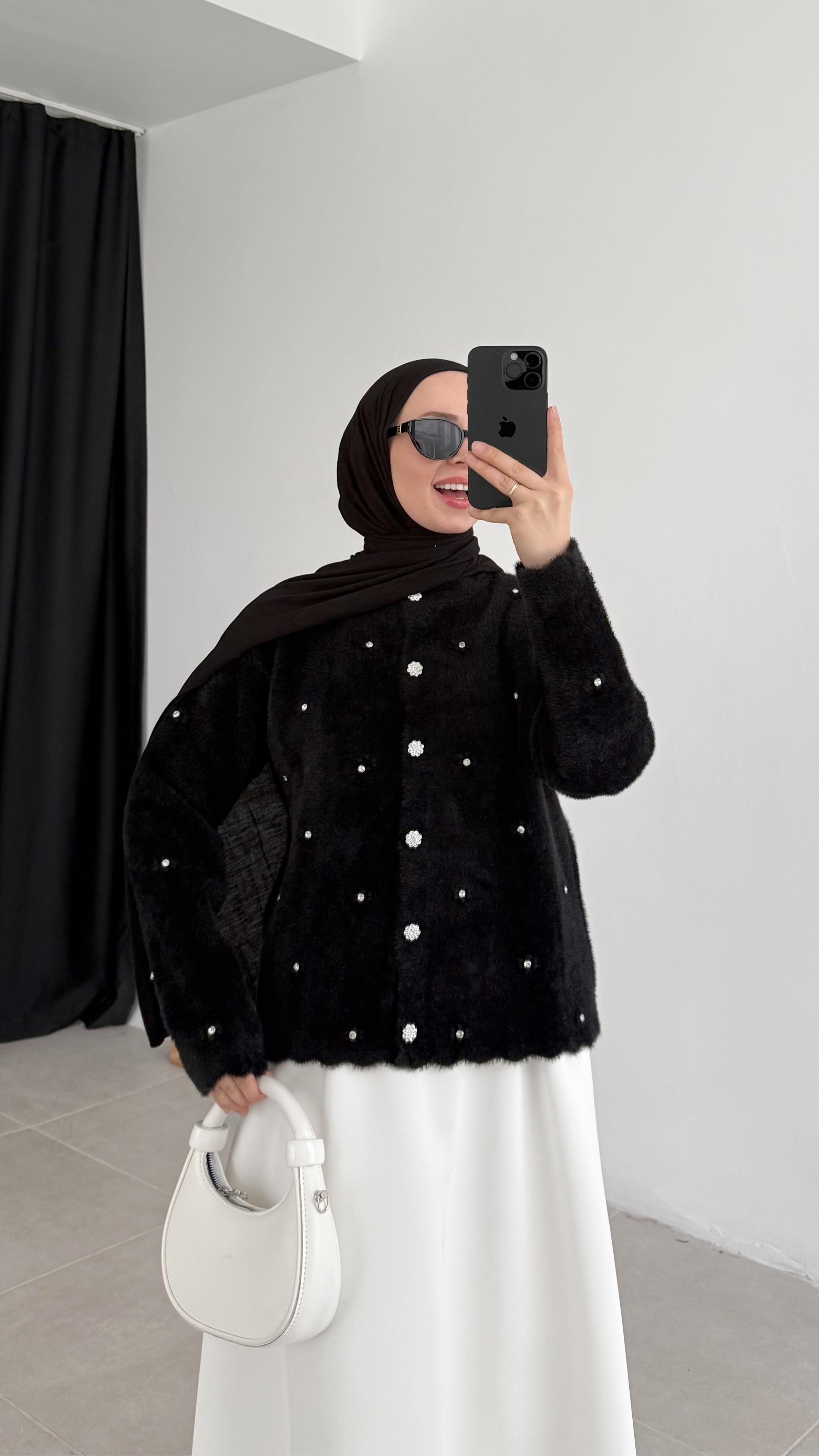 Raya Premıum Angora Taşlı Siyah Hırka 
