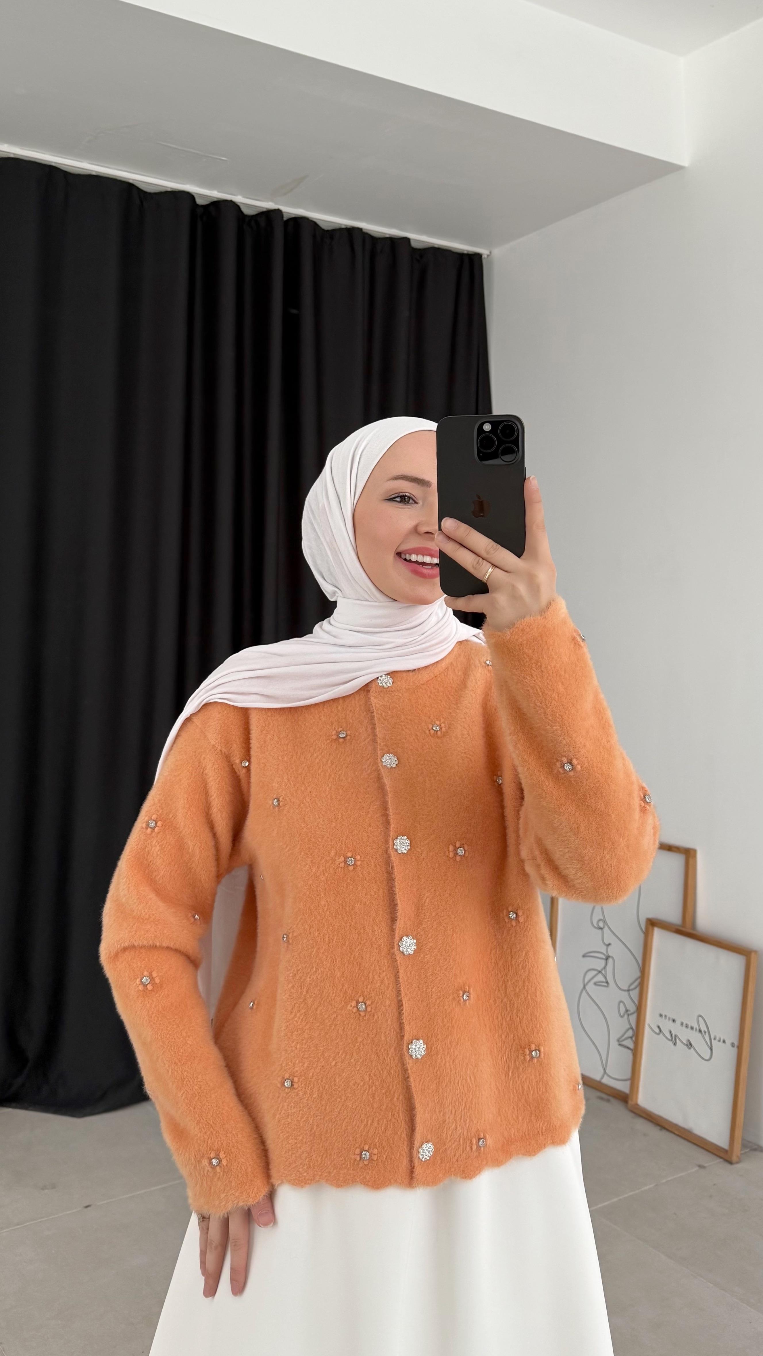 Raya Premıum Angora Taşlı Turuncu Hırka 