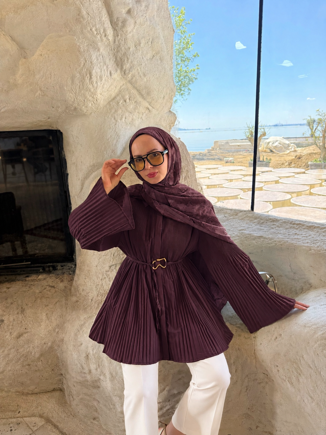 Rope Piliseli Kemer Tokalı Bordo Gömlek
