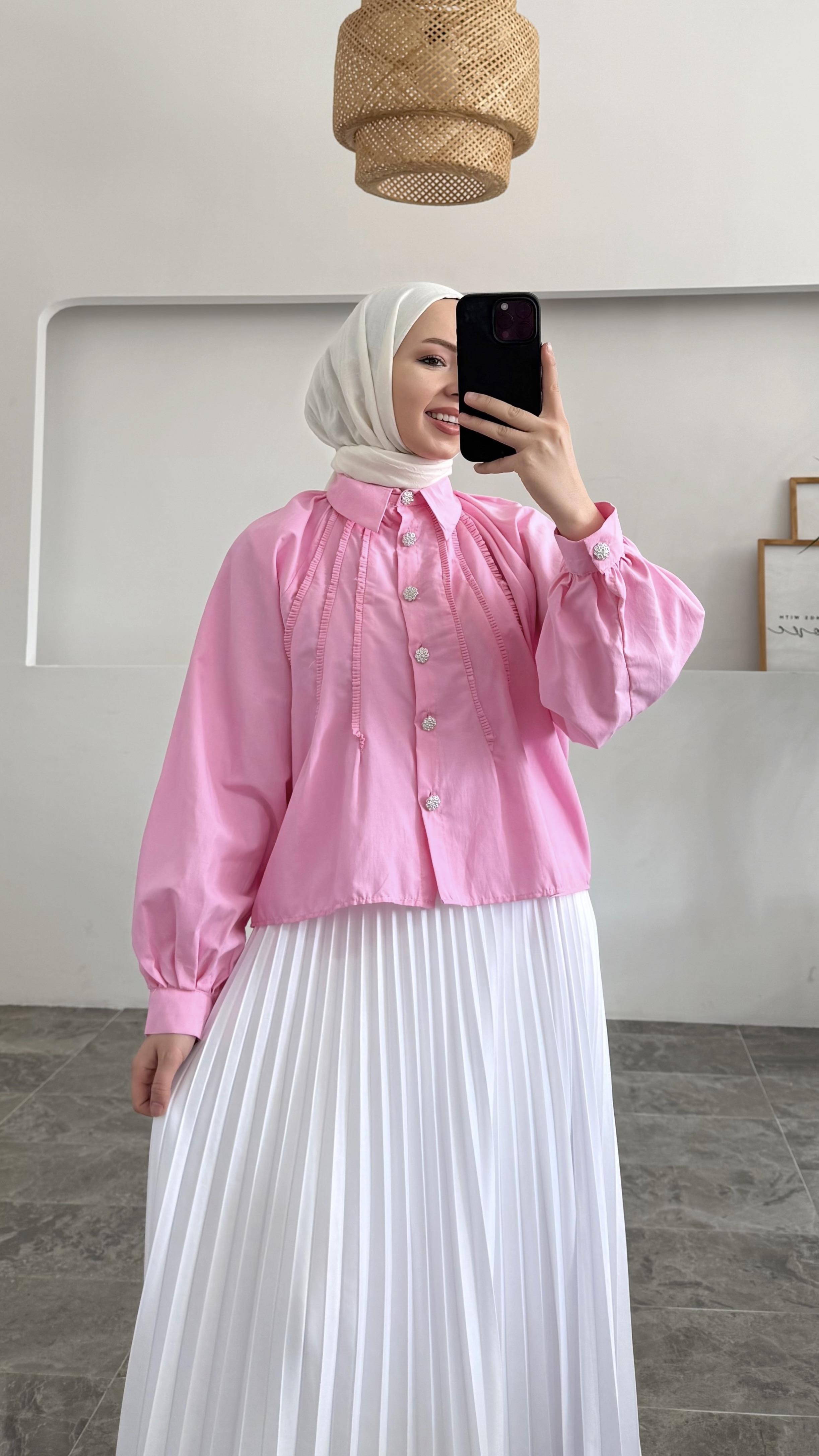 Royal Premium Taş Düğmeli Pembe Gömlek