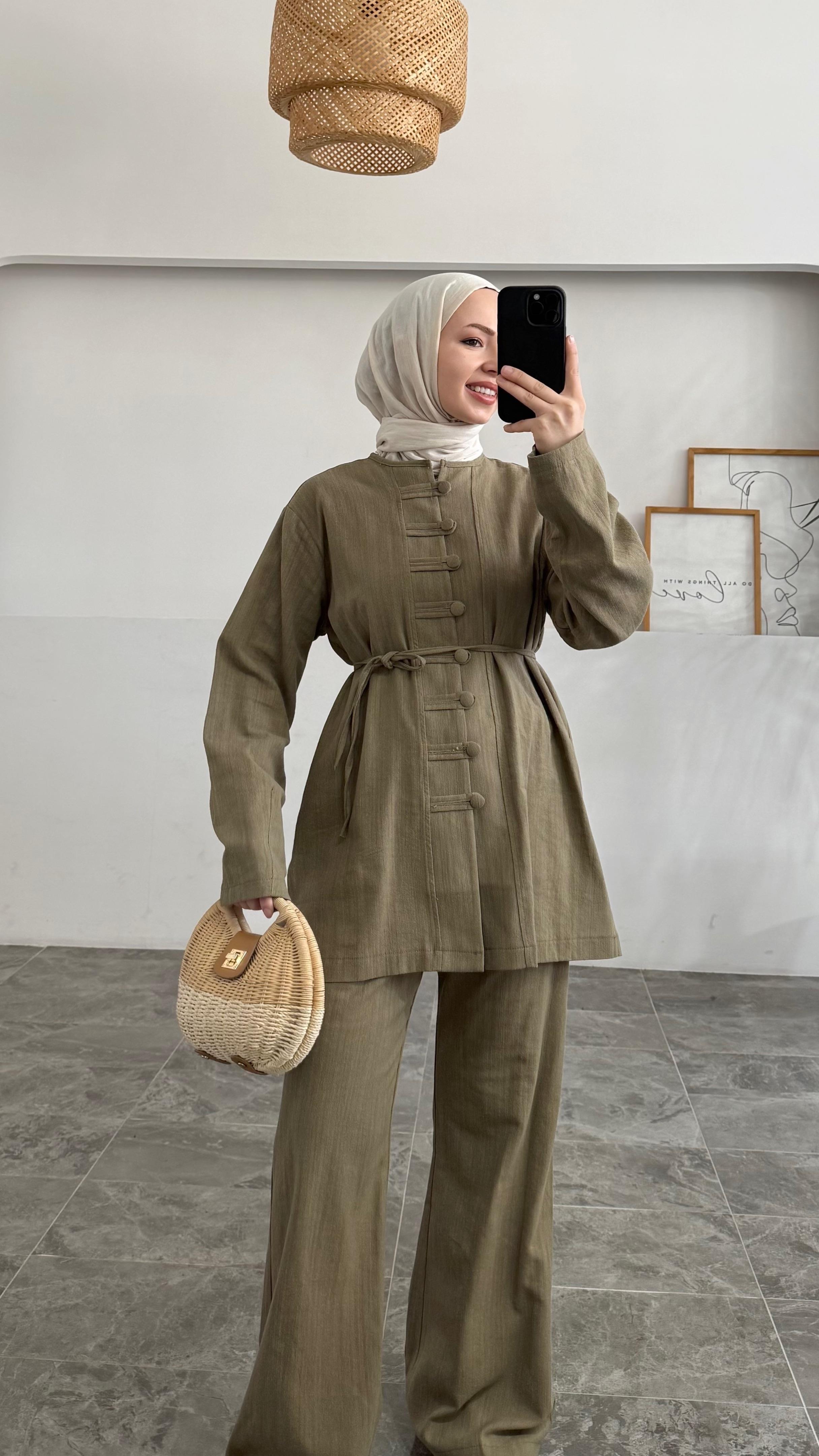 Safir Ham Keten Düğmeli Haki Takım