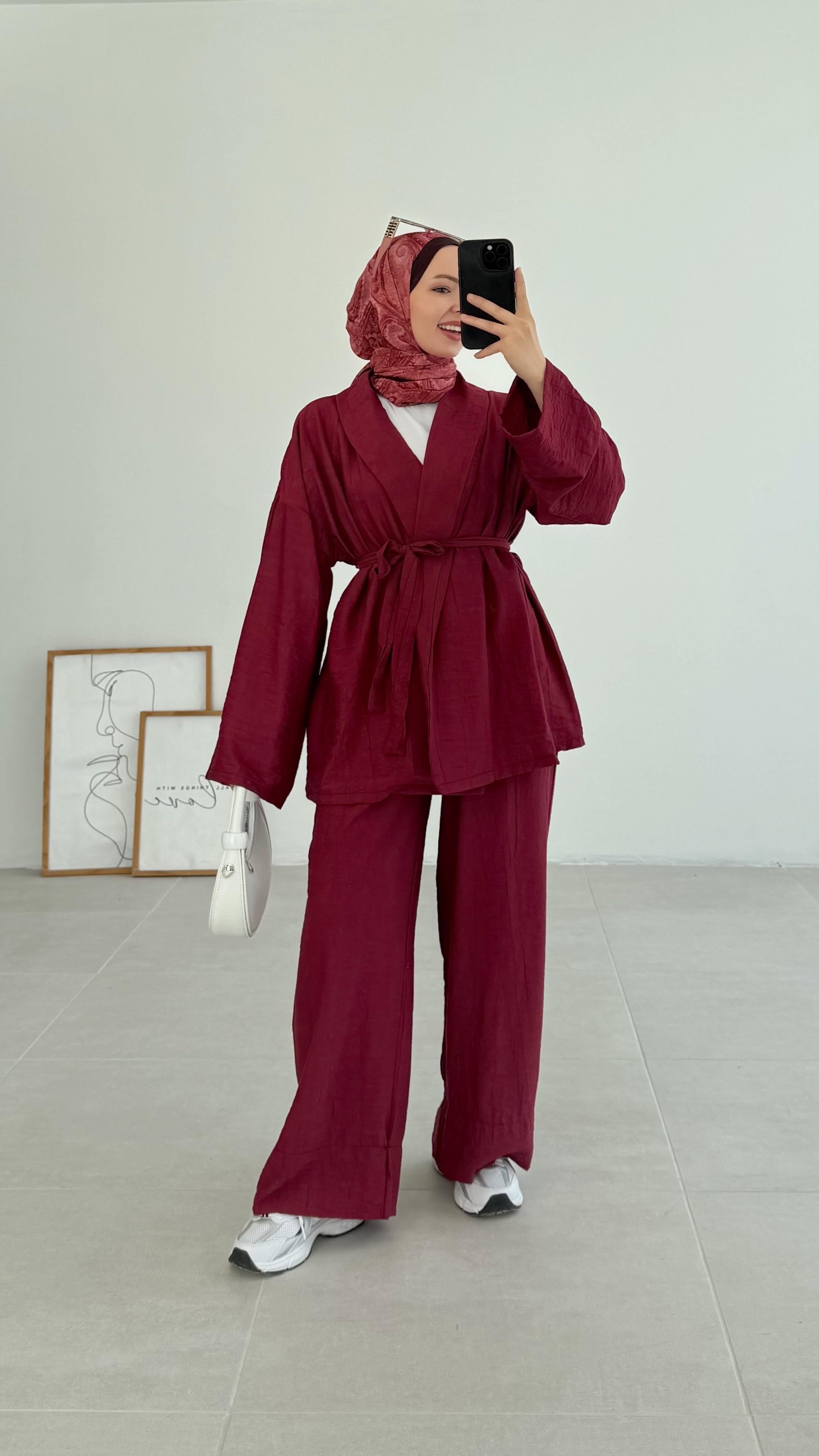 Sahra Rahat Kimono Bordo Takım
