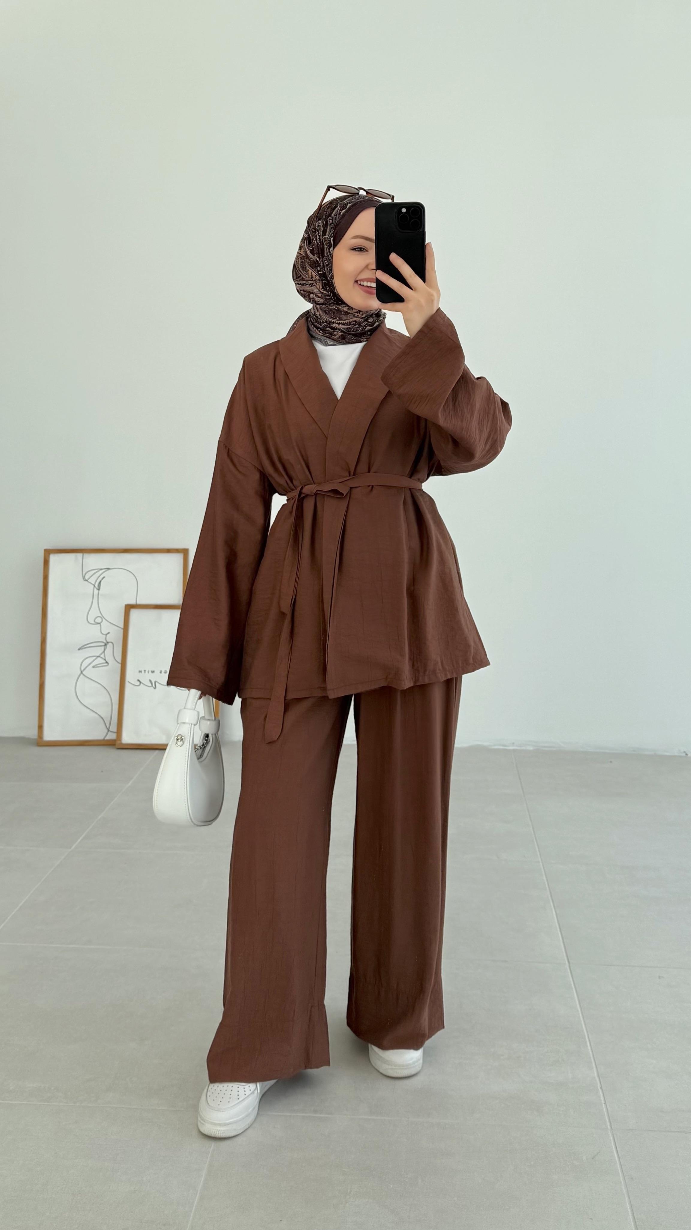 Sahra Rahat Kimono Kahverengi Takım