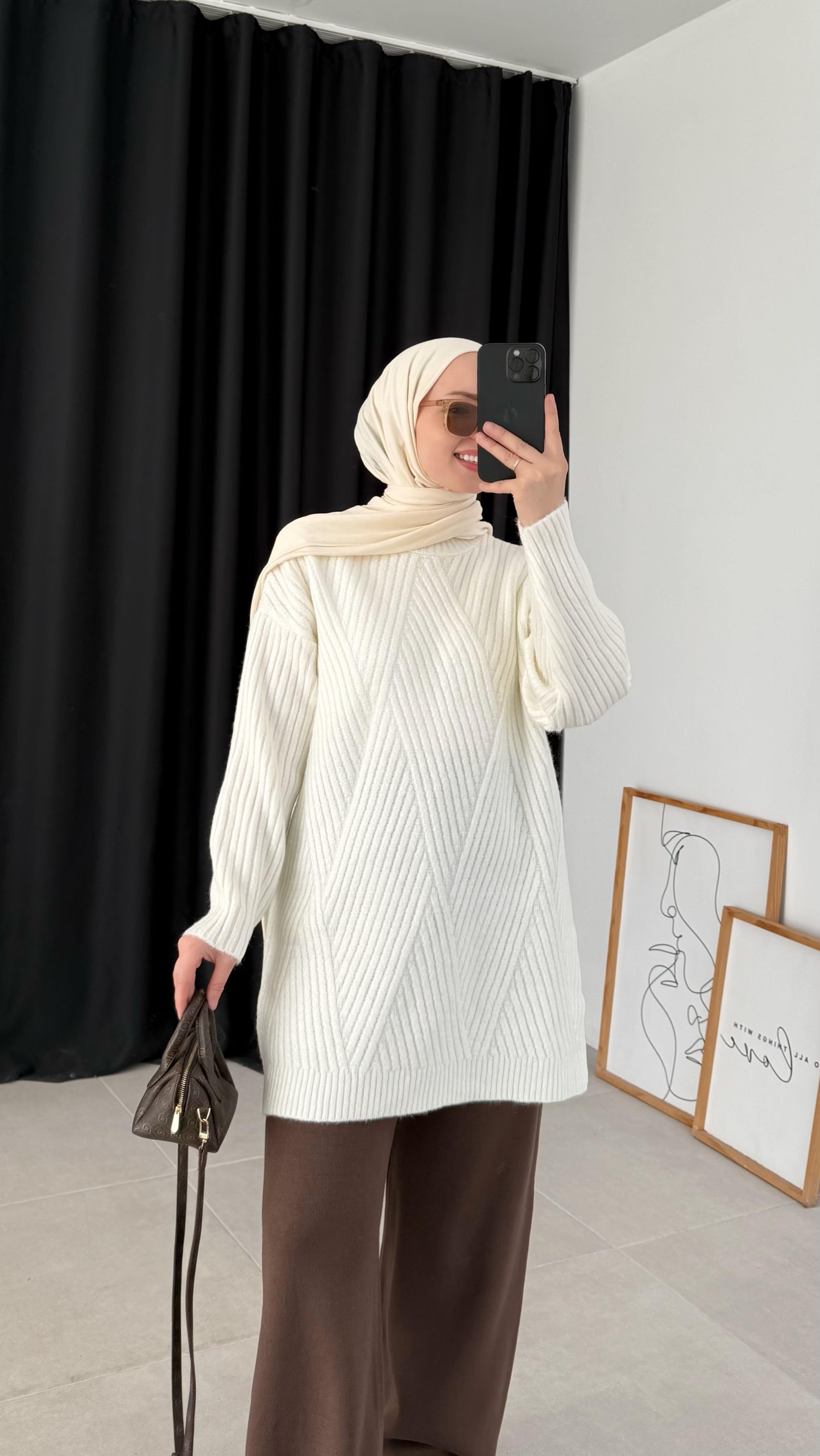 Sandey Zigzag Desen Beyaz Kazak (7852)