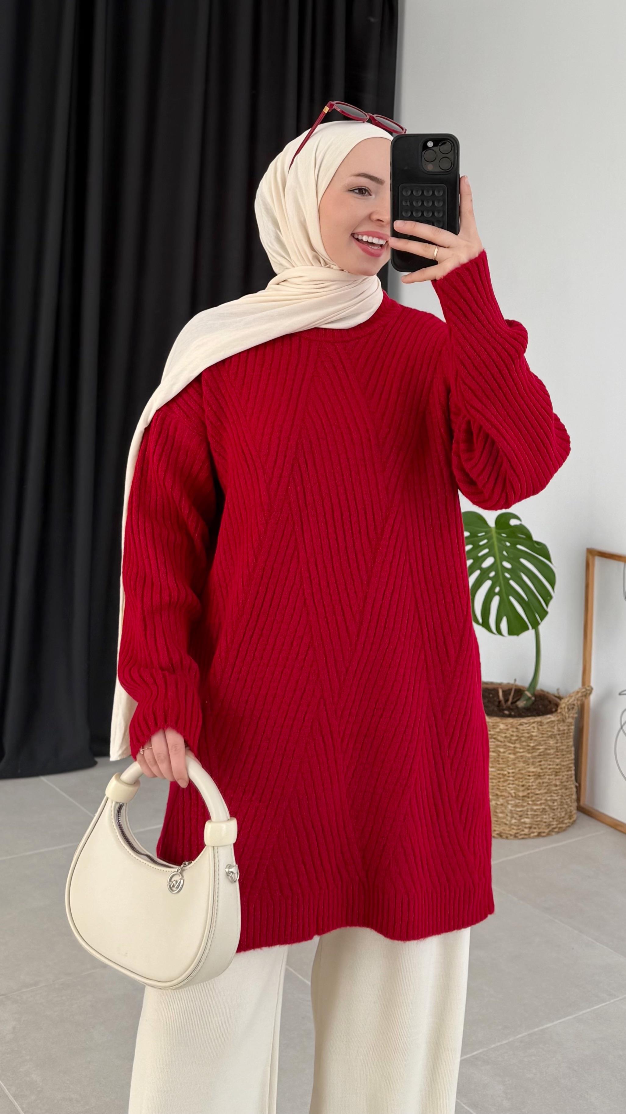 Sandey Zigzag Desen Kırmızı Kazak (7852)