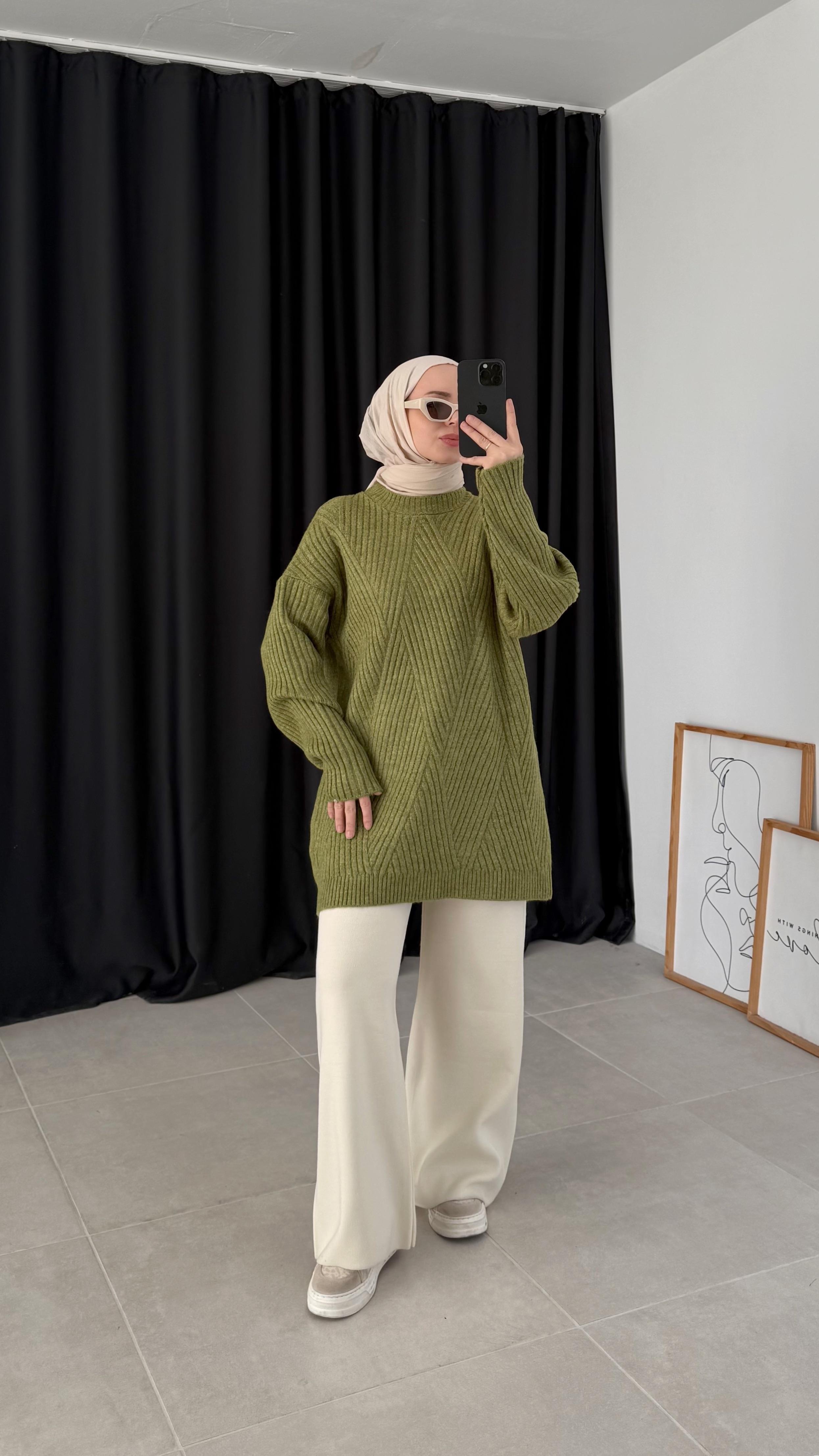 Sandey Zigzag Desen Yeşil Kazak (7852)