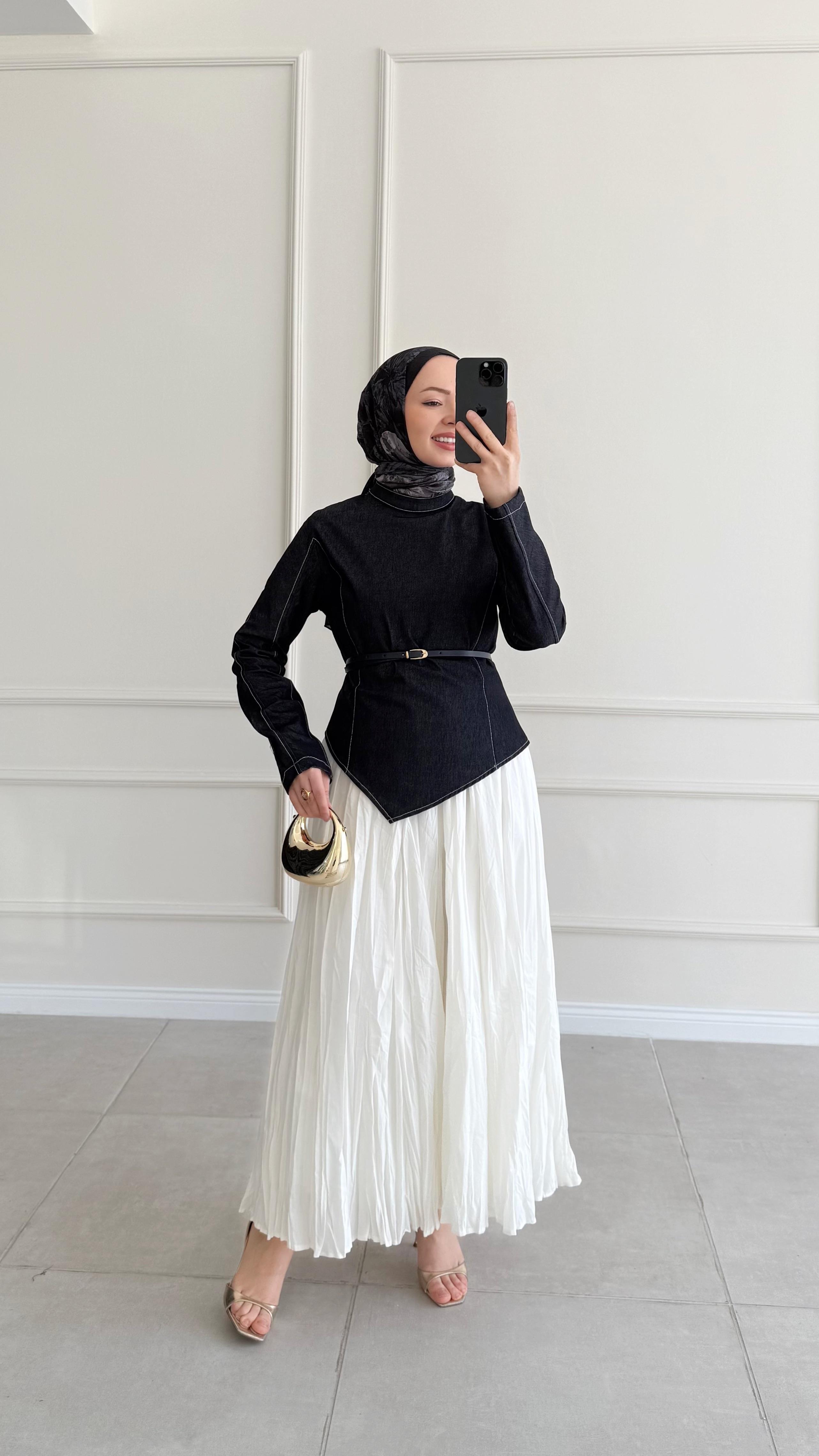 Sando Kot Parçalı Kemerli Vual Bluz Etek Lacivert Takım 