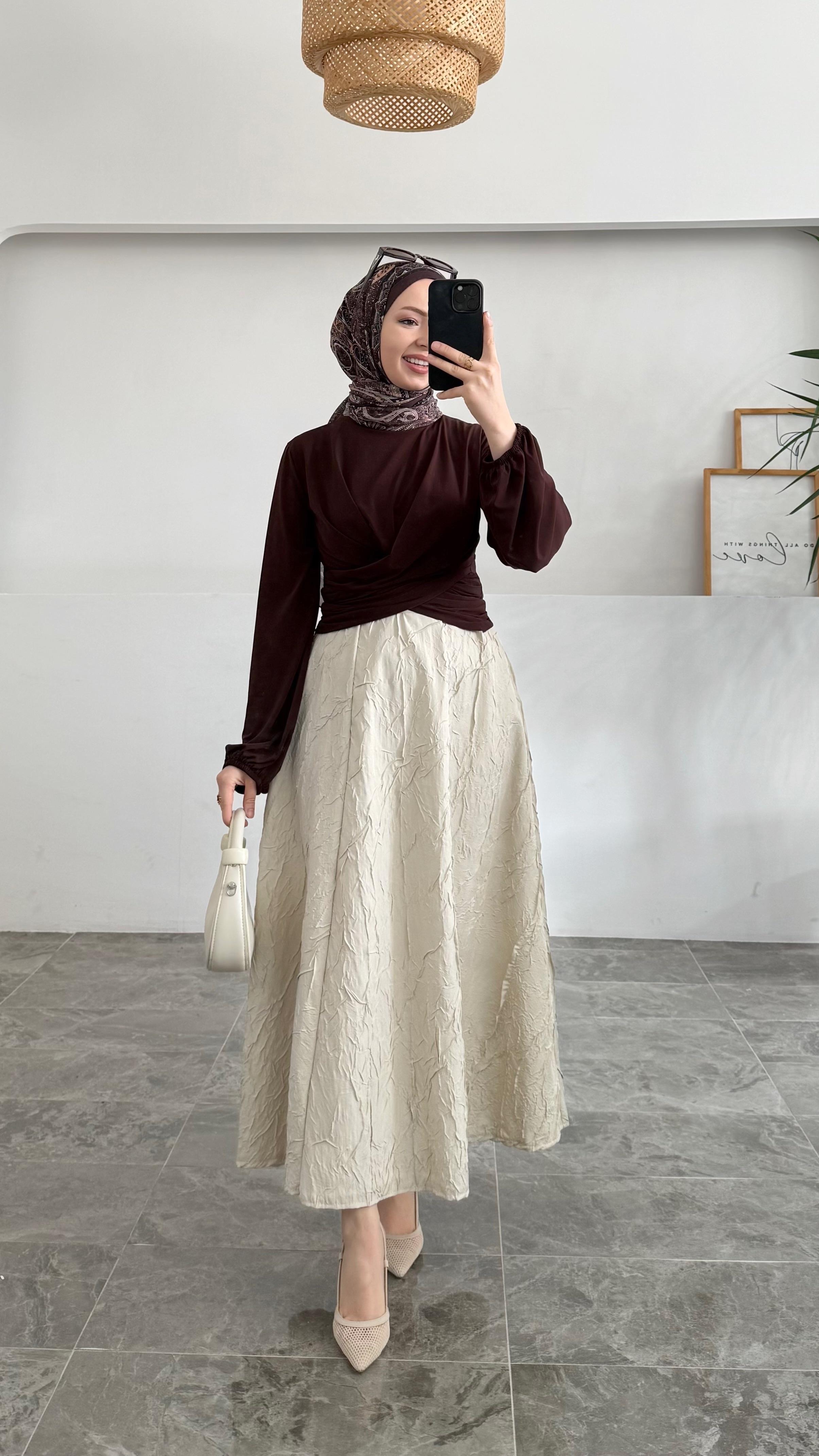 Sandra Çift Drapeli Acı Kahve Bluz