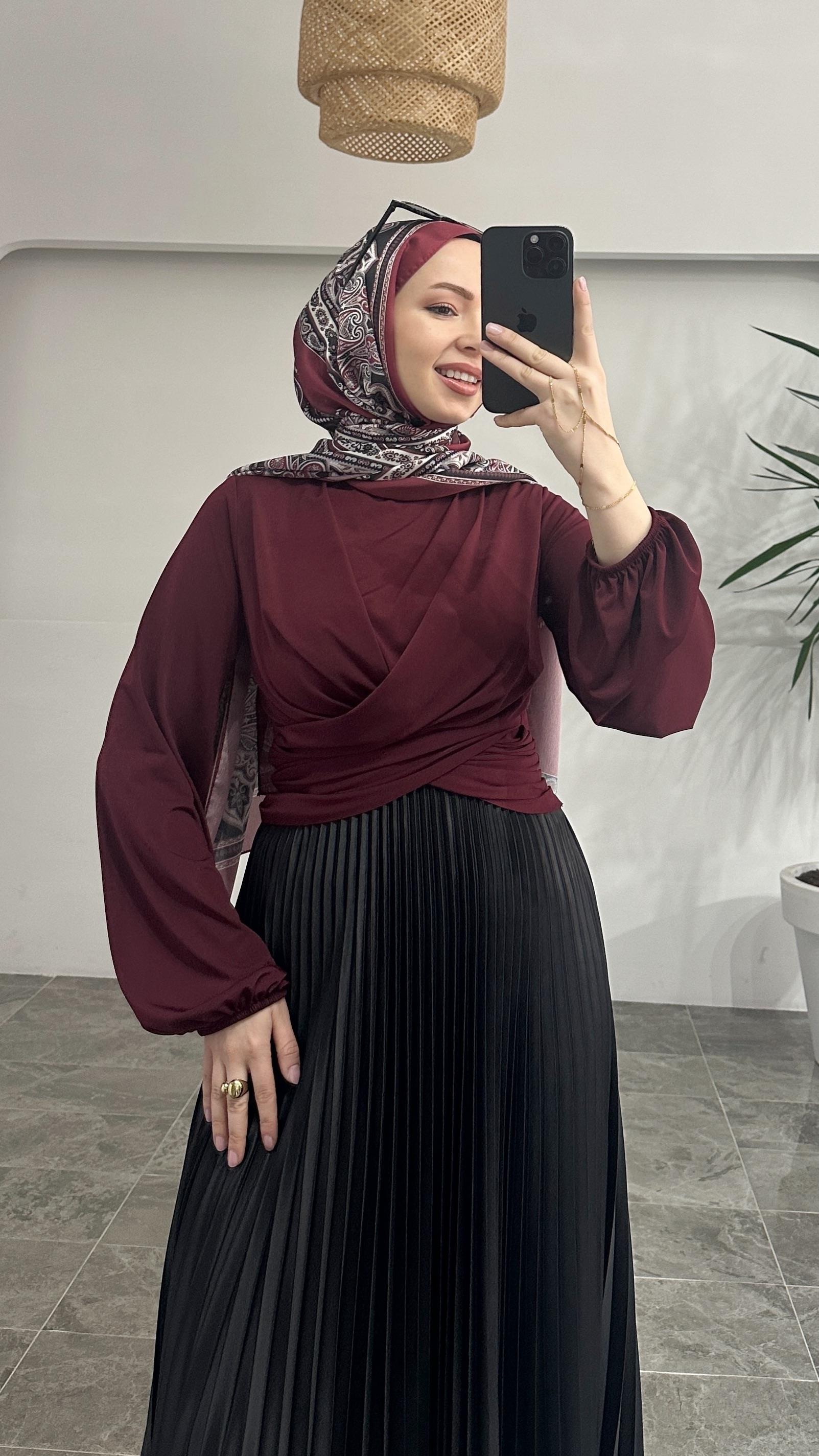 Sandra Çift Drapeli Bordo Bluz