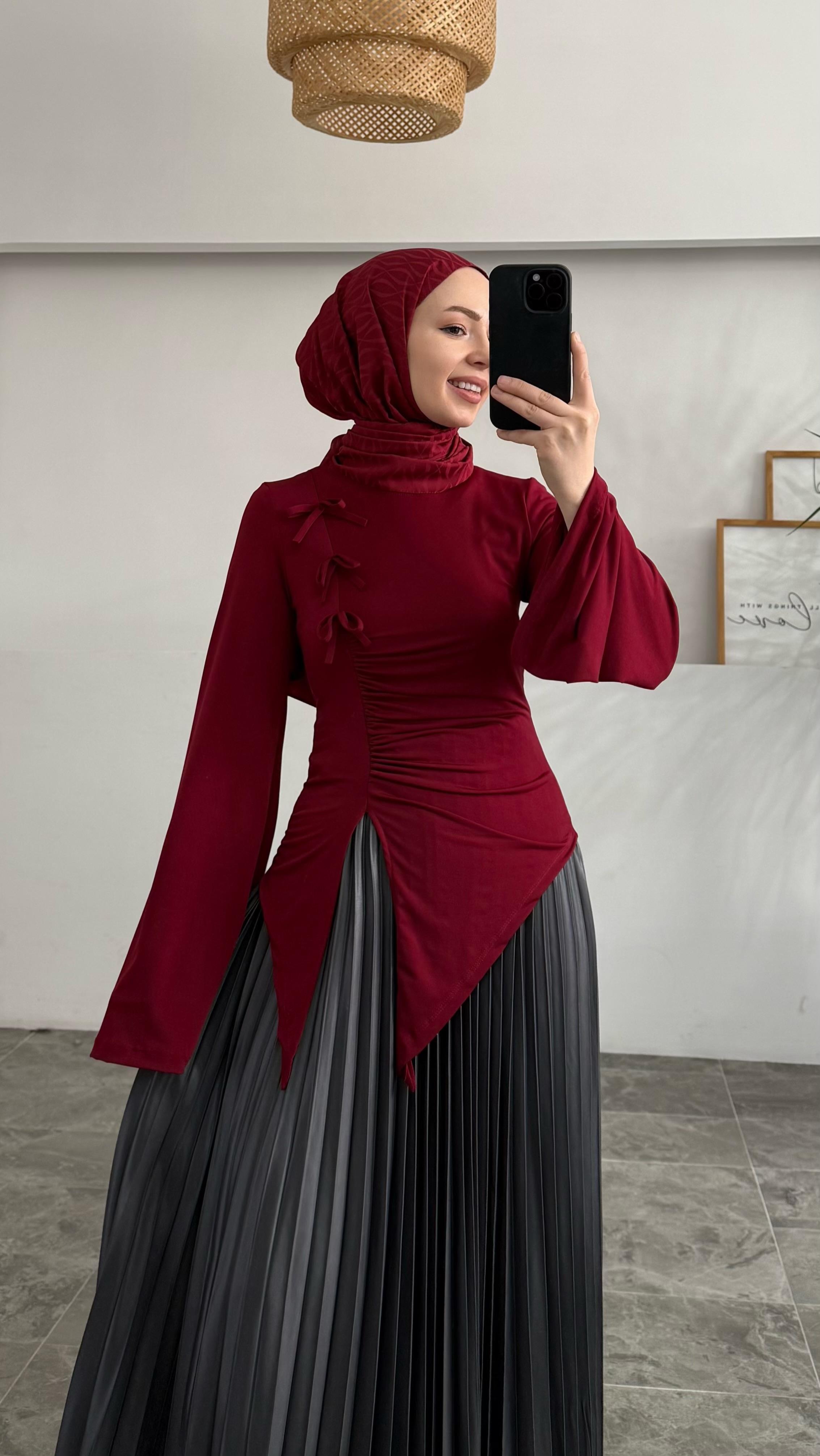 Sandy Fiyonklu Bordo Bluz