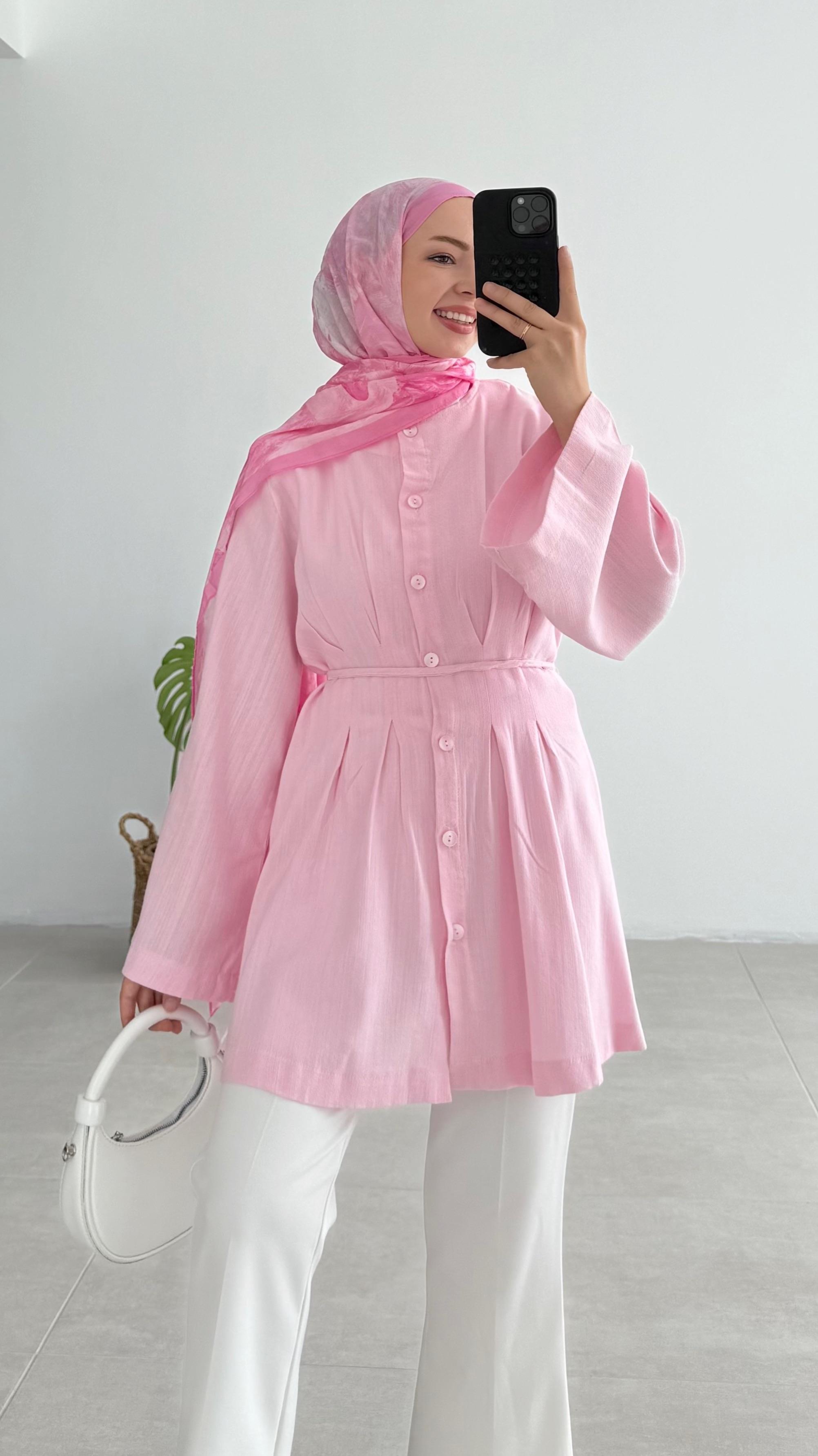 Sanfa Pileli Keten Pembe Tunik