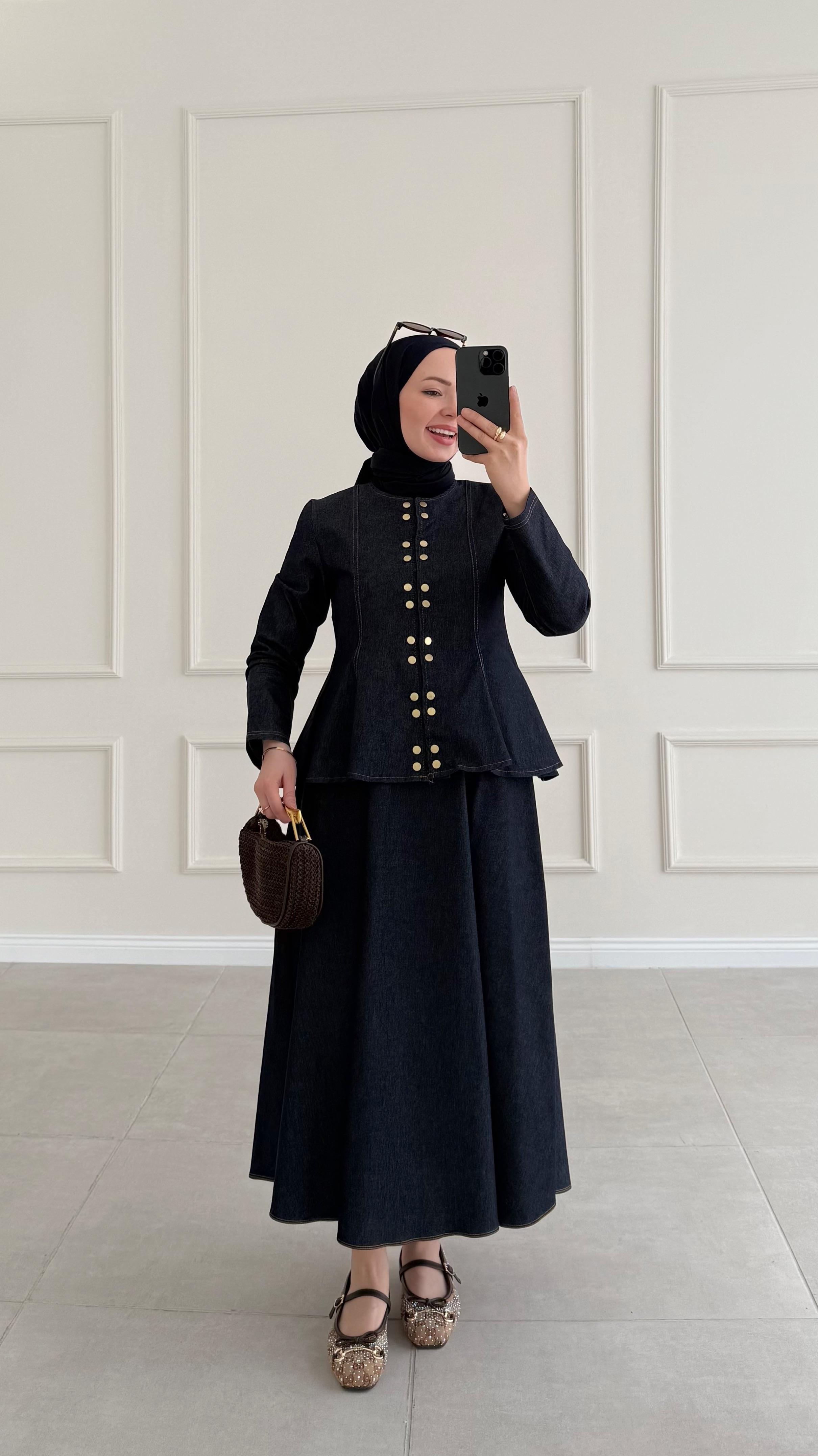 Sanfori Çift Düğmeli Denim Lacivert Etek Takım