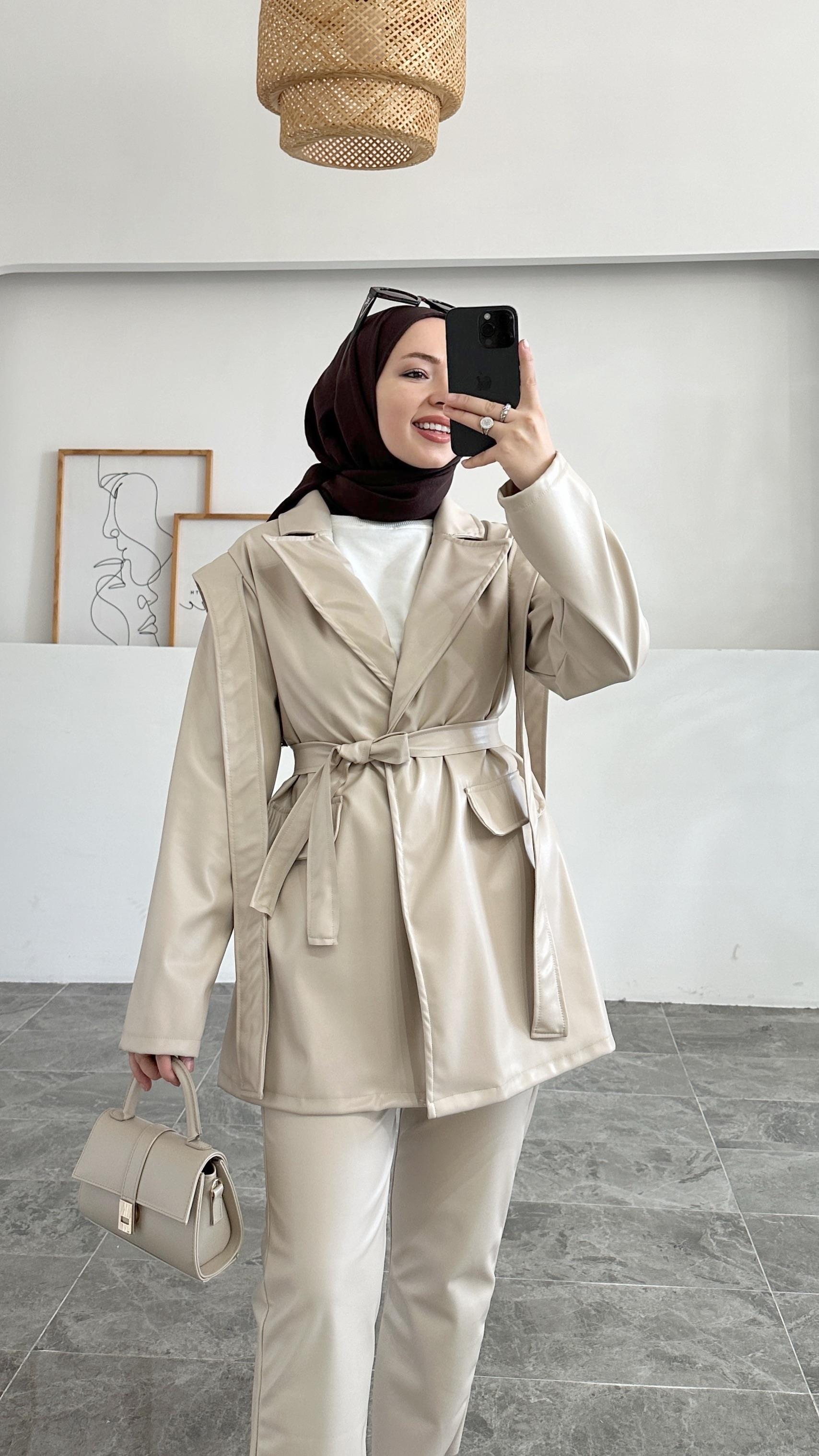 Sanfori Tasarım Krem Deri Ceket  