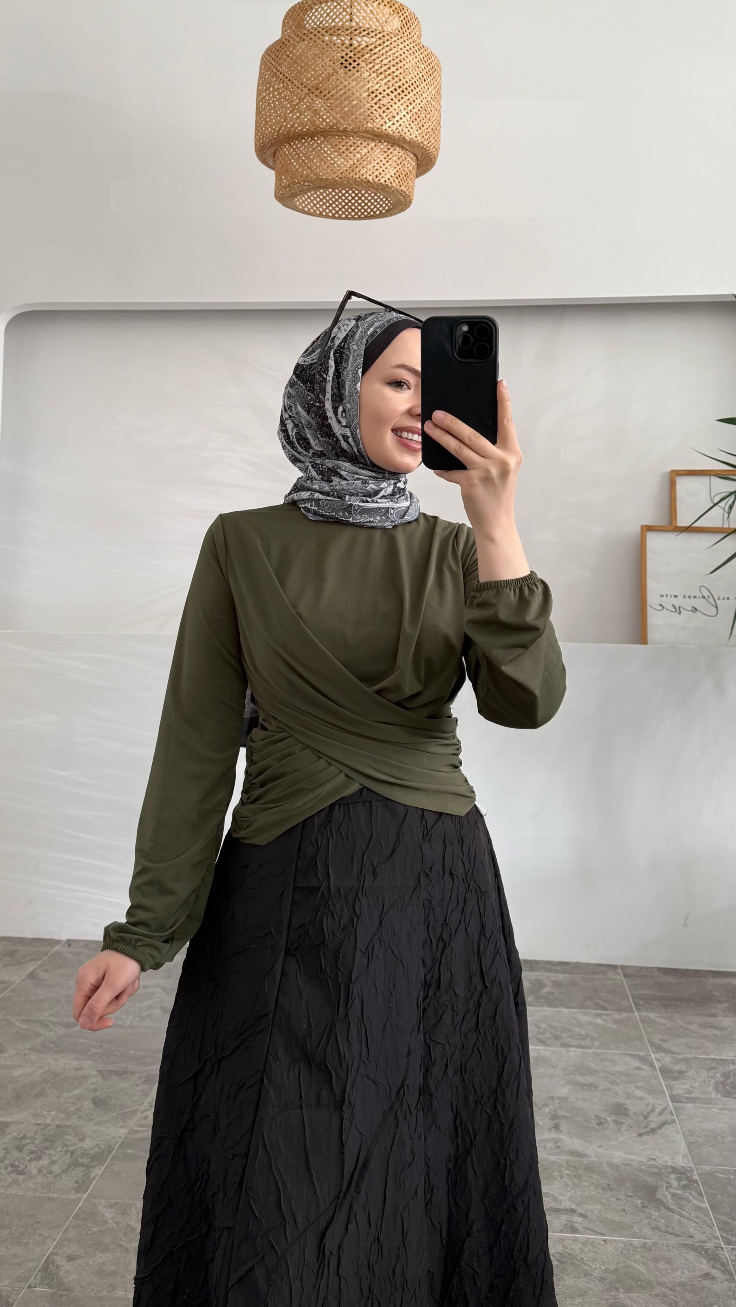 Sannan Çift Drapeli Haki Bluz