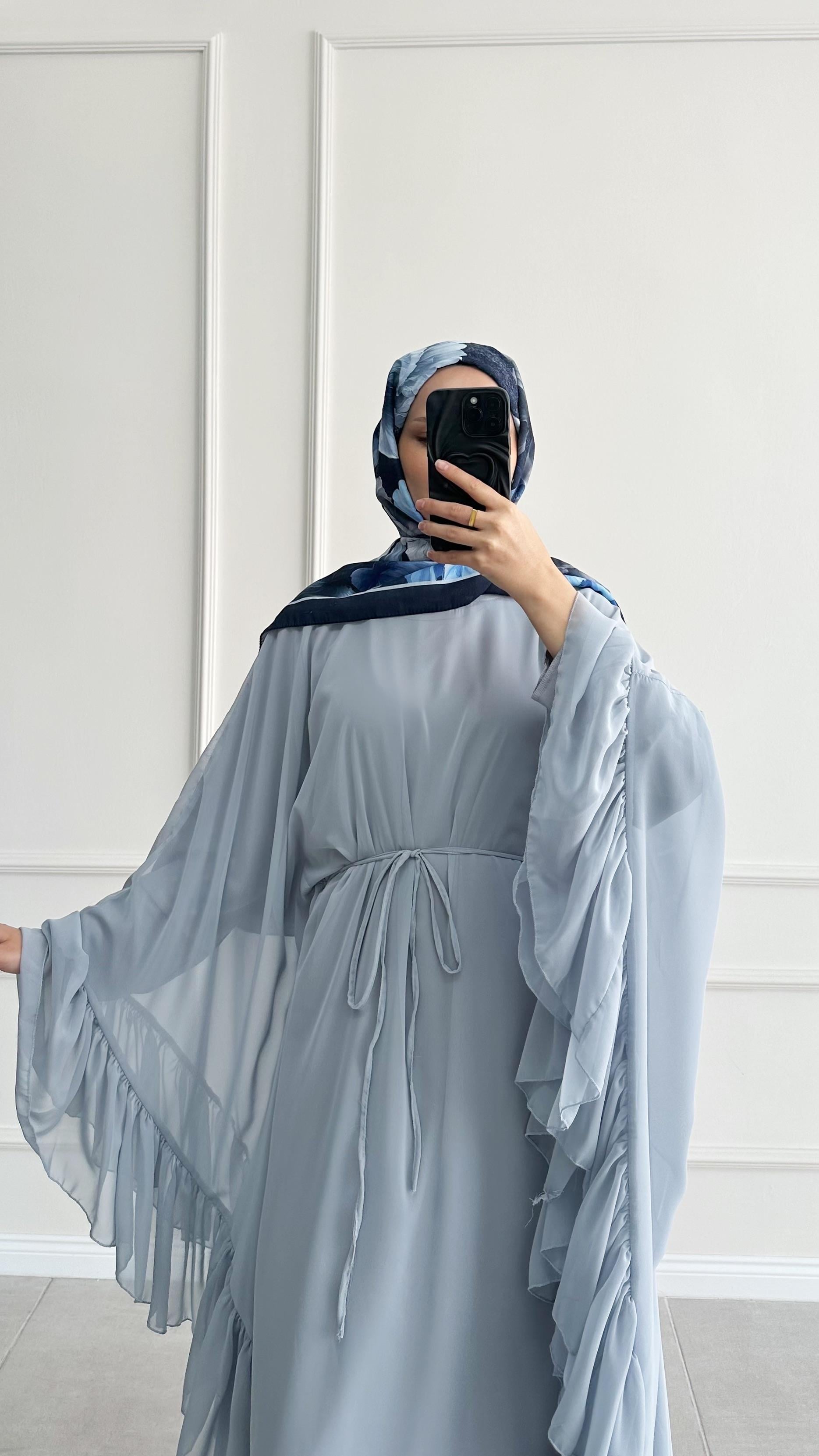 Santov Şifon Tasarım Fırfırlı Asimetrik Bebe Mavi Abaya 
