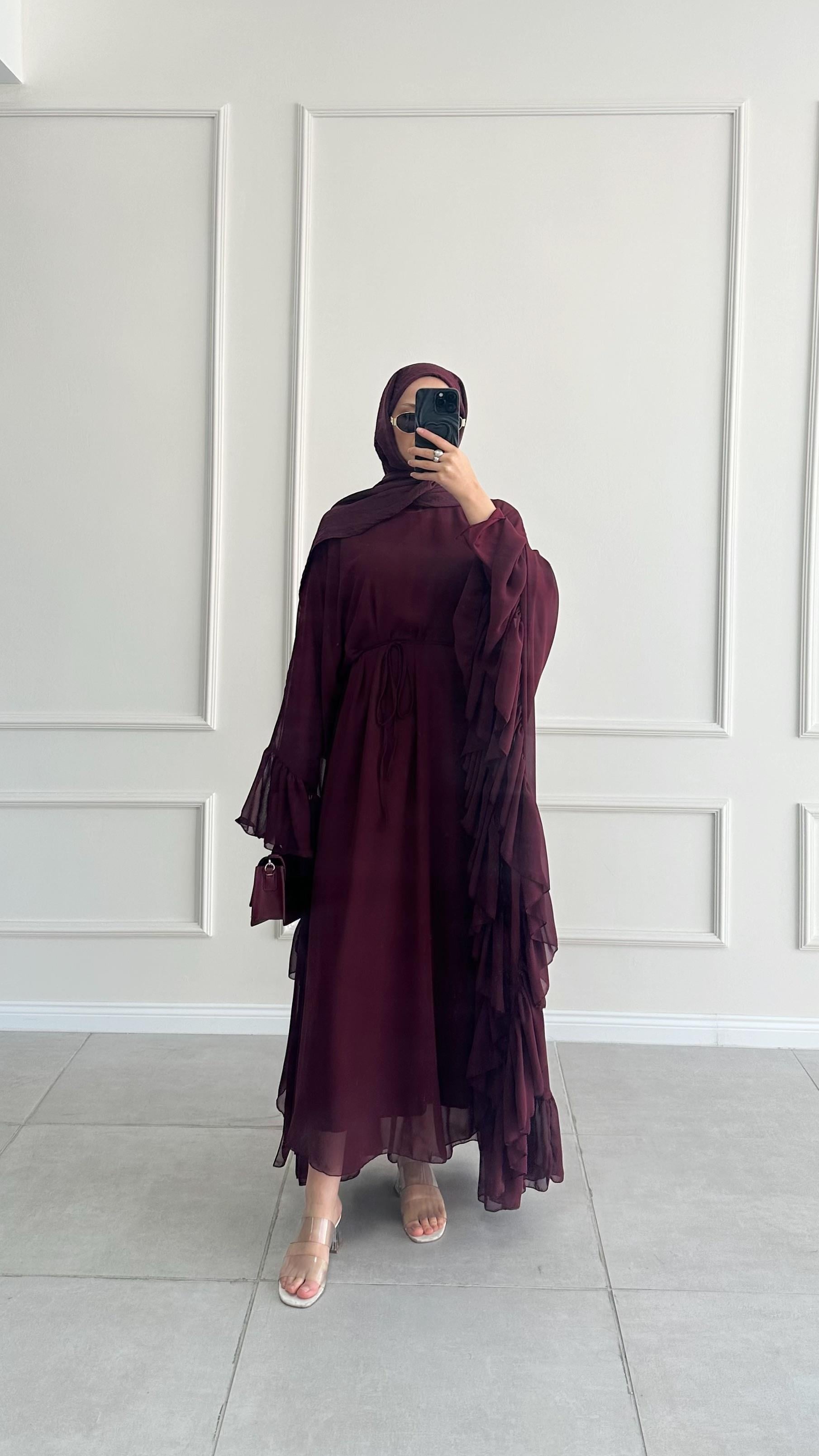Santov Şifon Tasarım Fırfırlı Asimetrik Bordo Abaya 