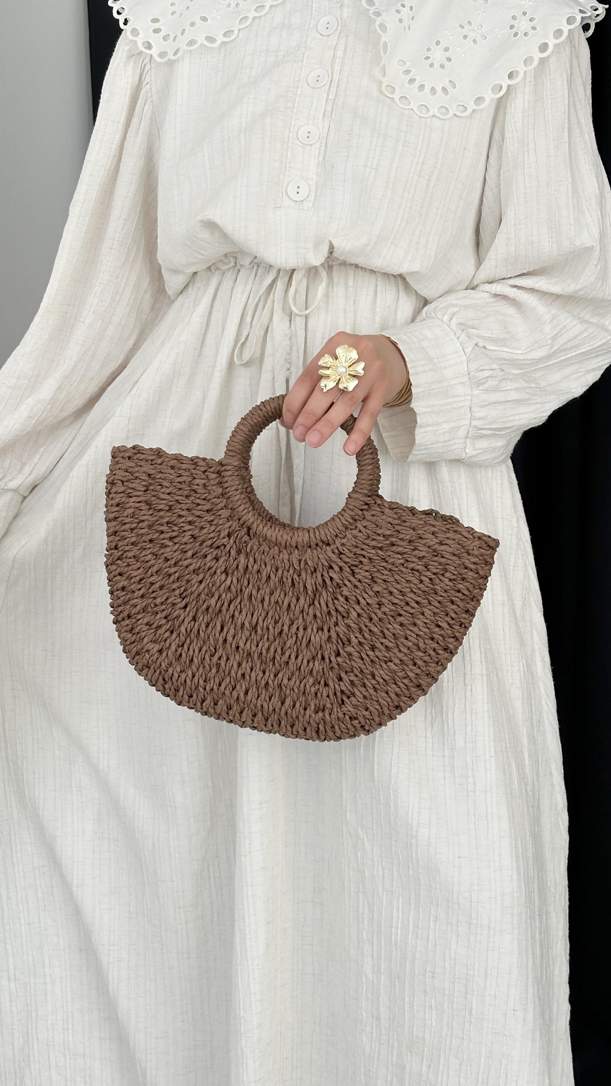 Saplı Hasır Acı Kahve Çanta