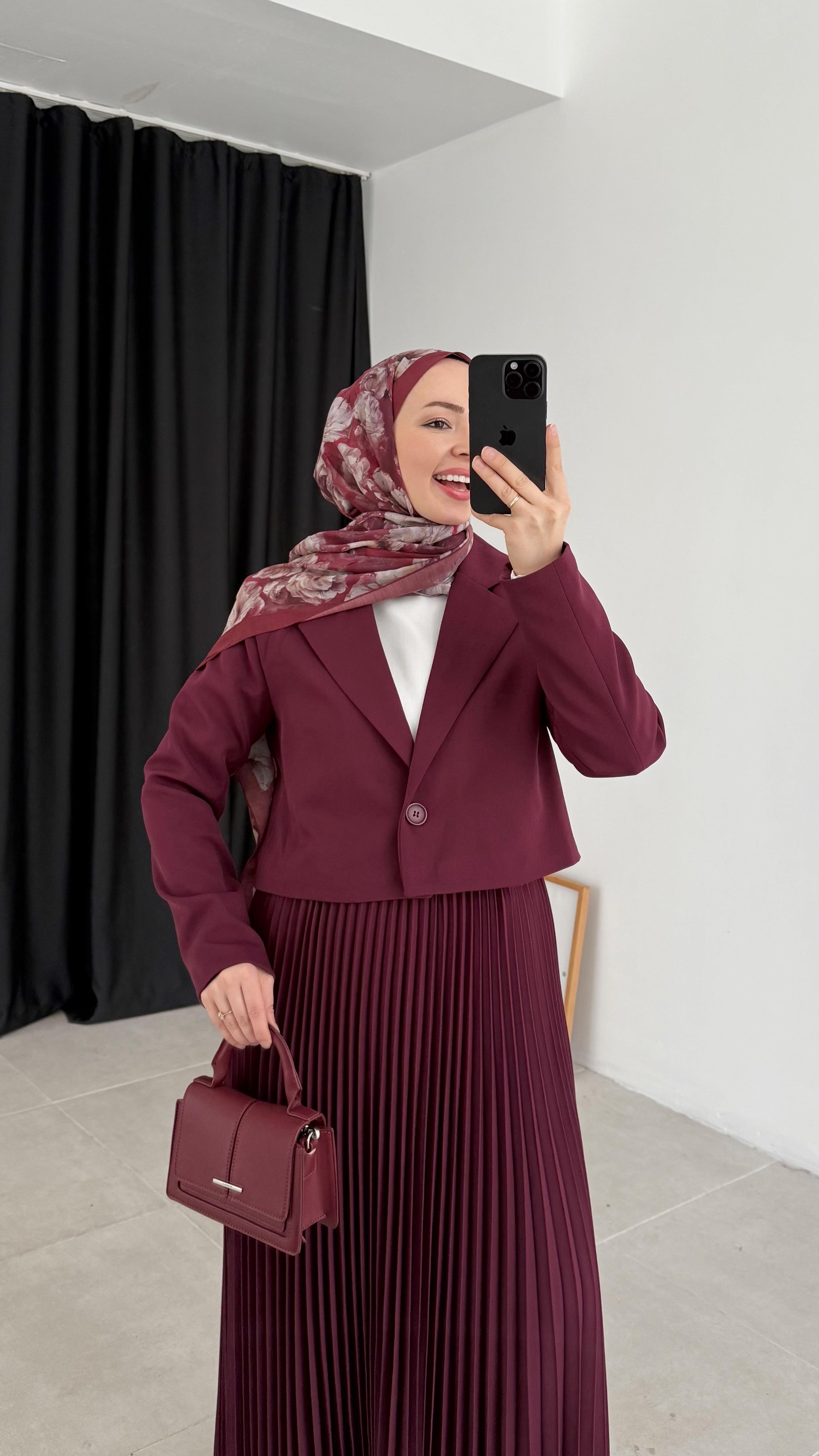 Sara Premıum Piliseli Bordo Ceket Takım