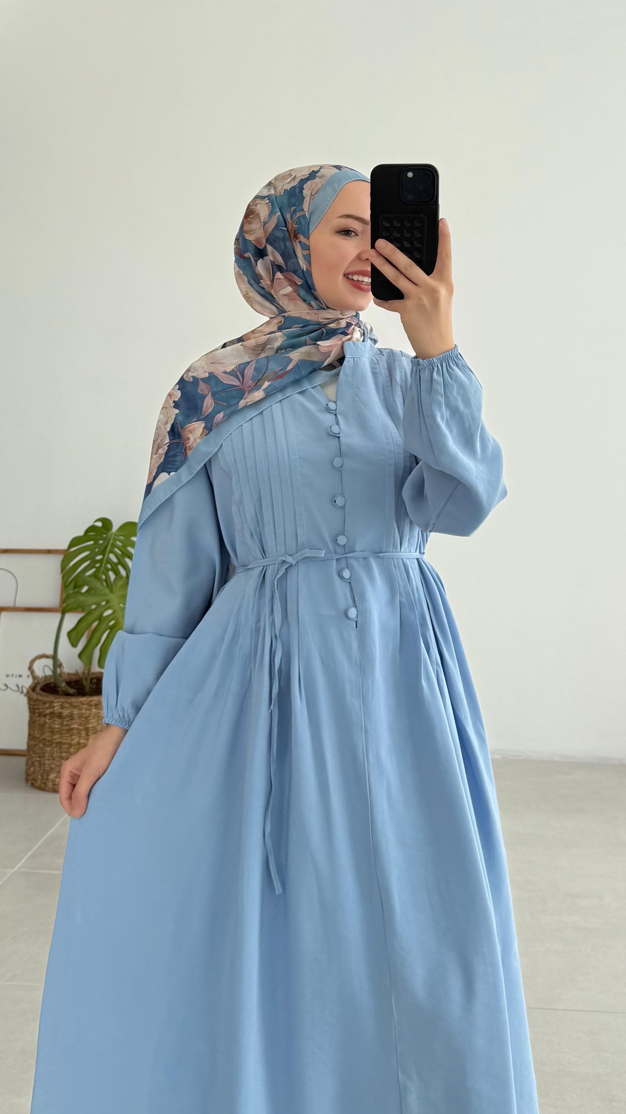 Sayel Nervür Dikişli Mavi Elbise 