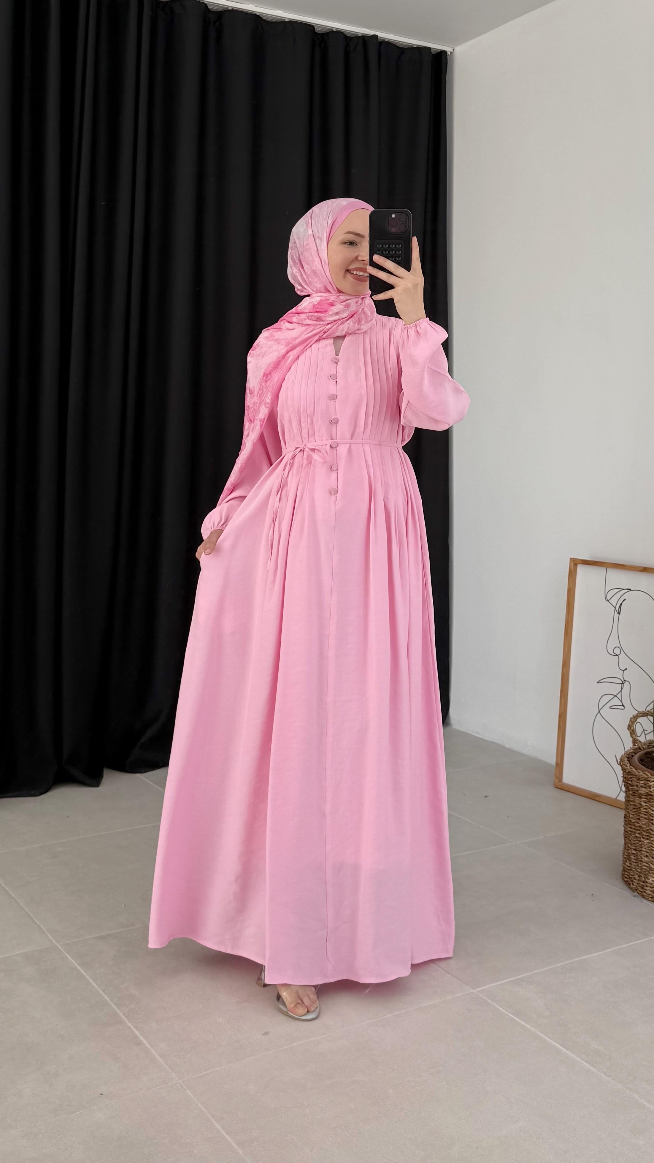 Sayel Nervür Dikişli Pembe Elbise 