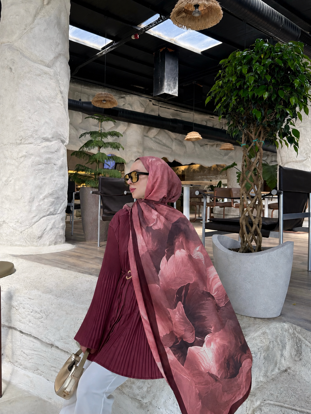 Scarf Desenli Pamuklu Bordo Şal 