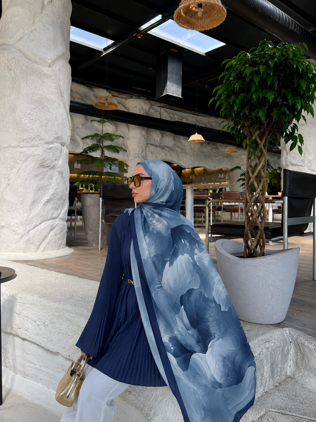 Scarf Desenli Pamuklu Lacivert Şal 