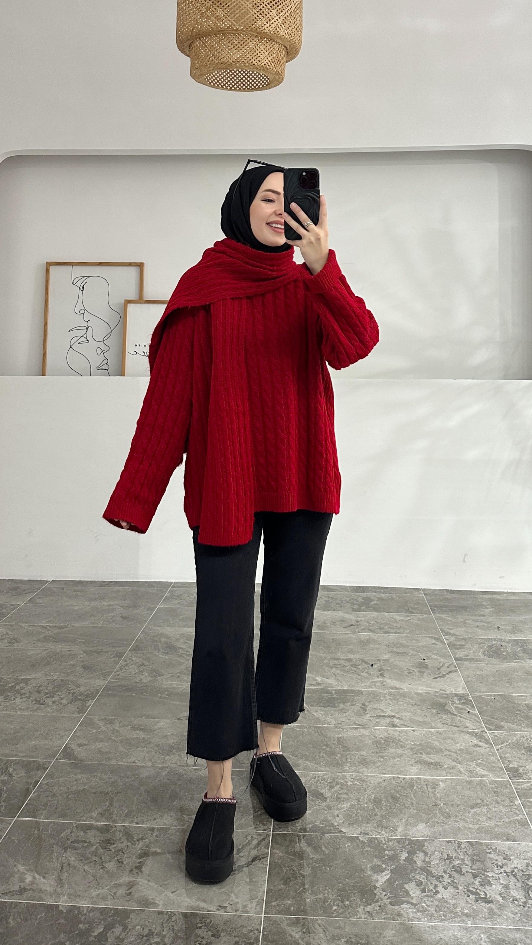 Semiramis Premium Örgü Desen Kırmızı Atkılı Kazak