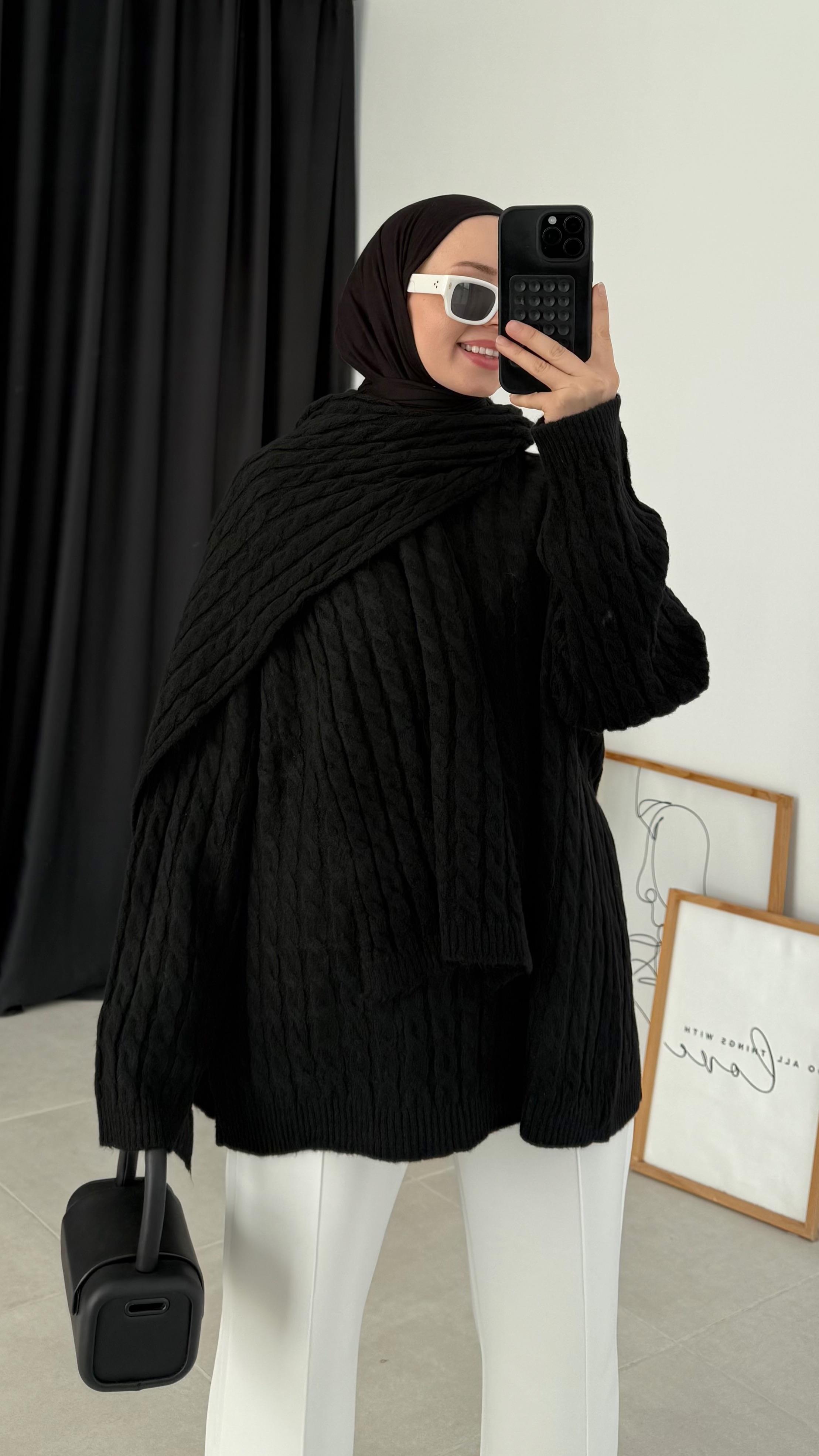 Semiramis Premium Örgü Desen Siyah Atkılı Kazak (8622)