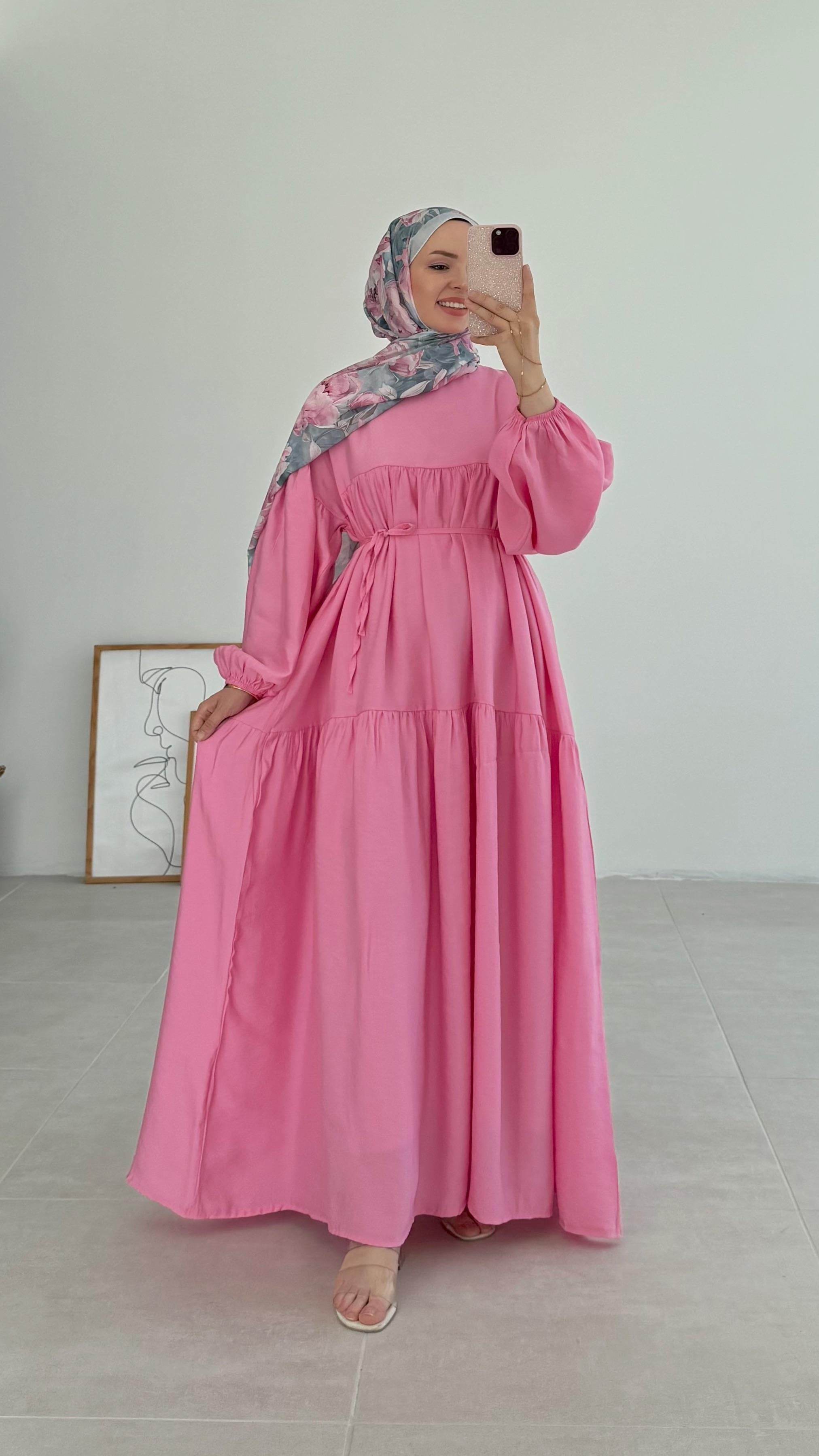 Snara Balon Kol Pembe Elbise