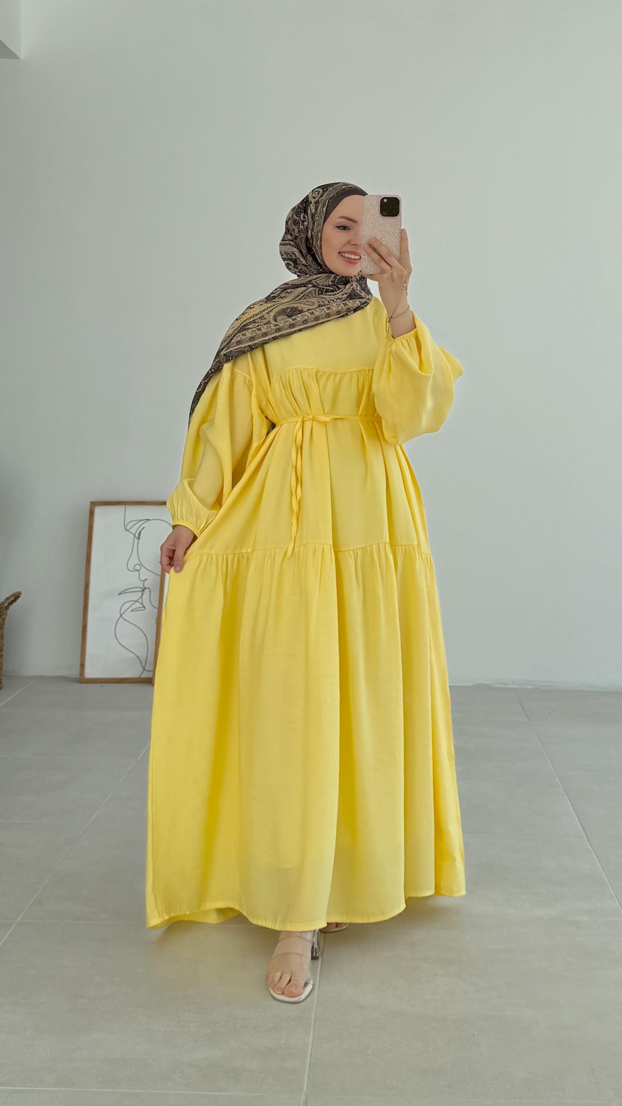 Snara Balon Kol Sarı Elbise