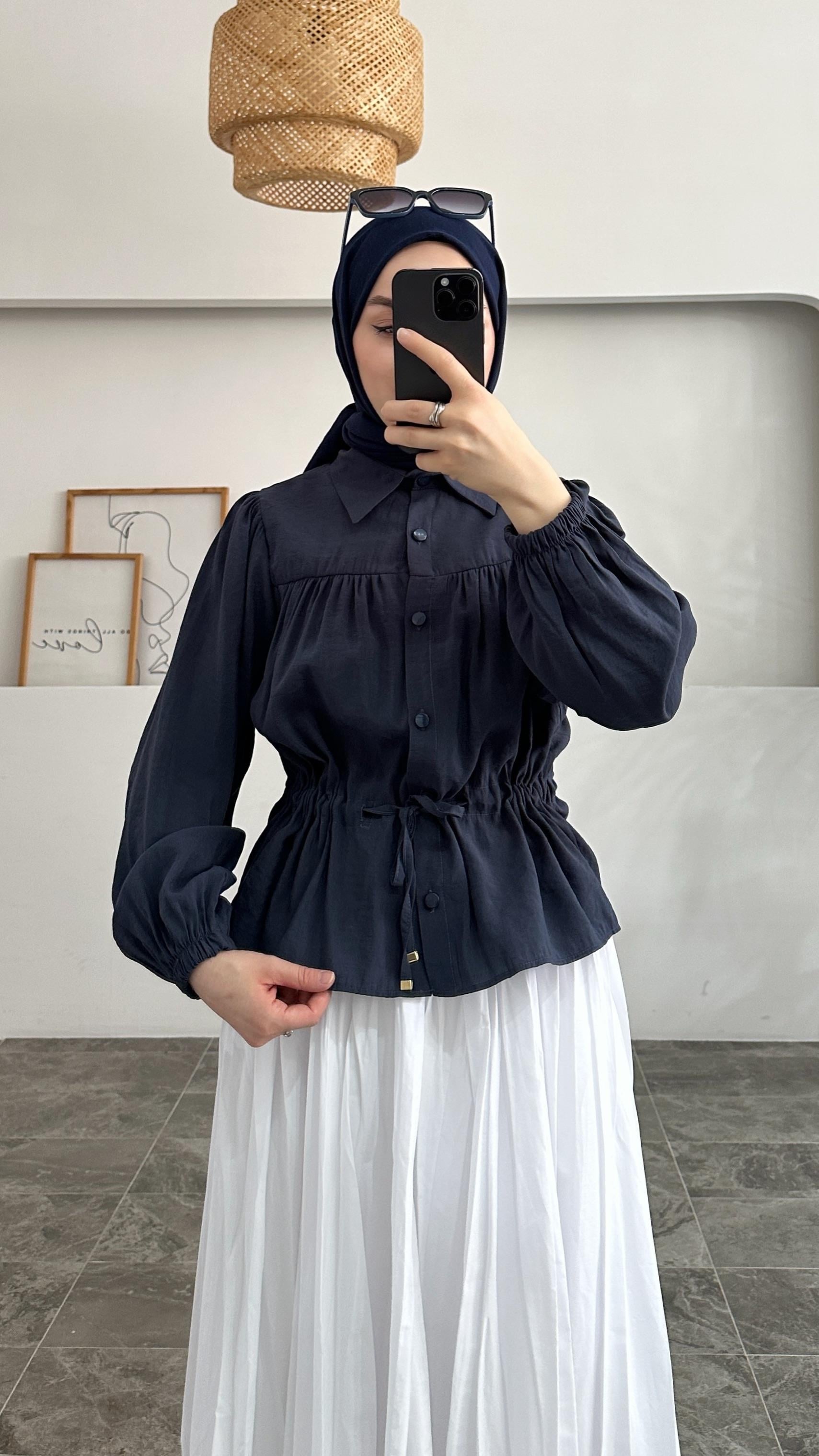 Soffie Belden Bağlamalı Lacivert Gömlek