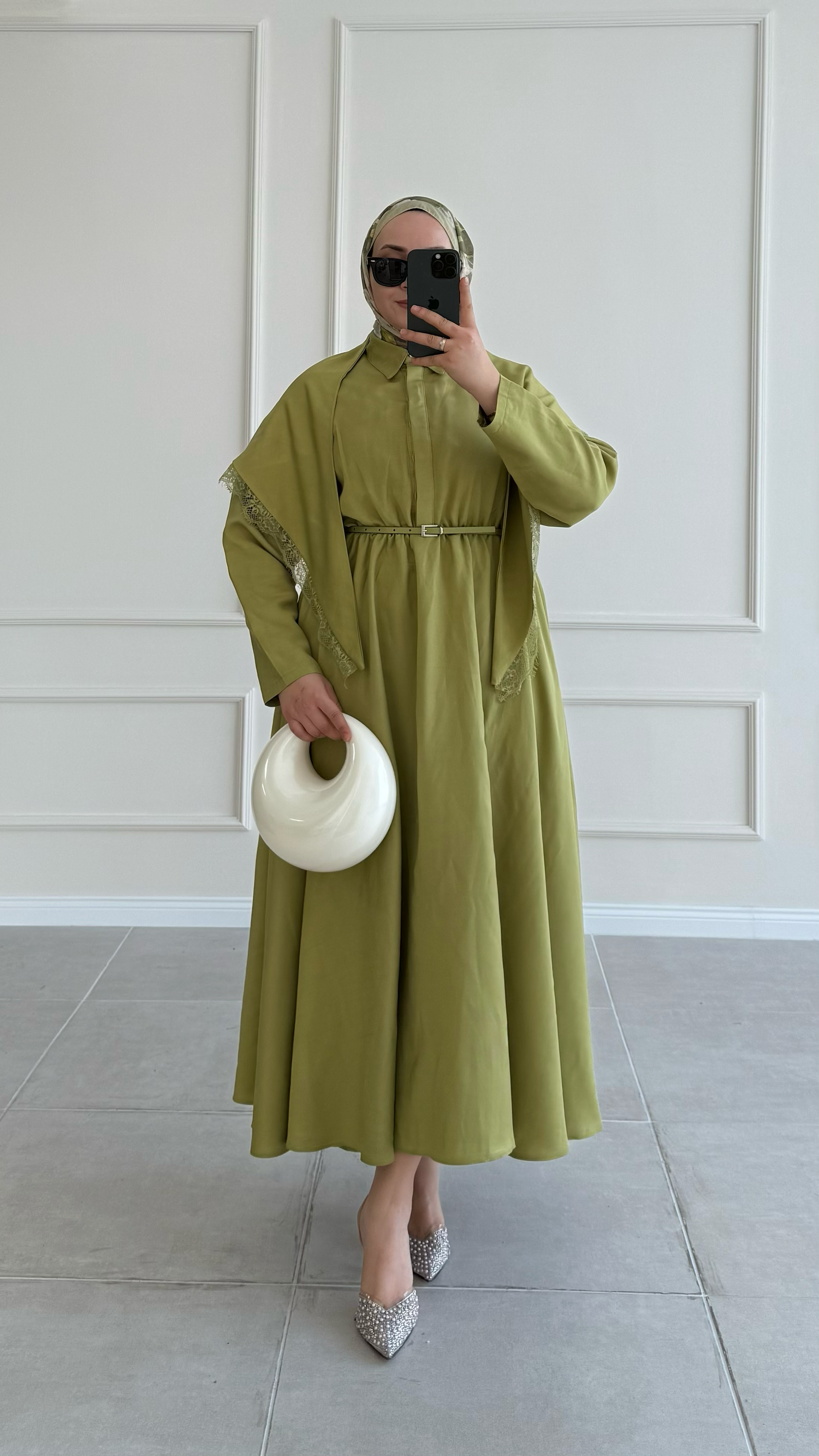 Sofia Fular Detaylı Yağ Yeşili Elbise