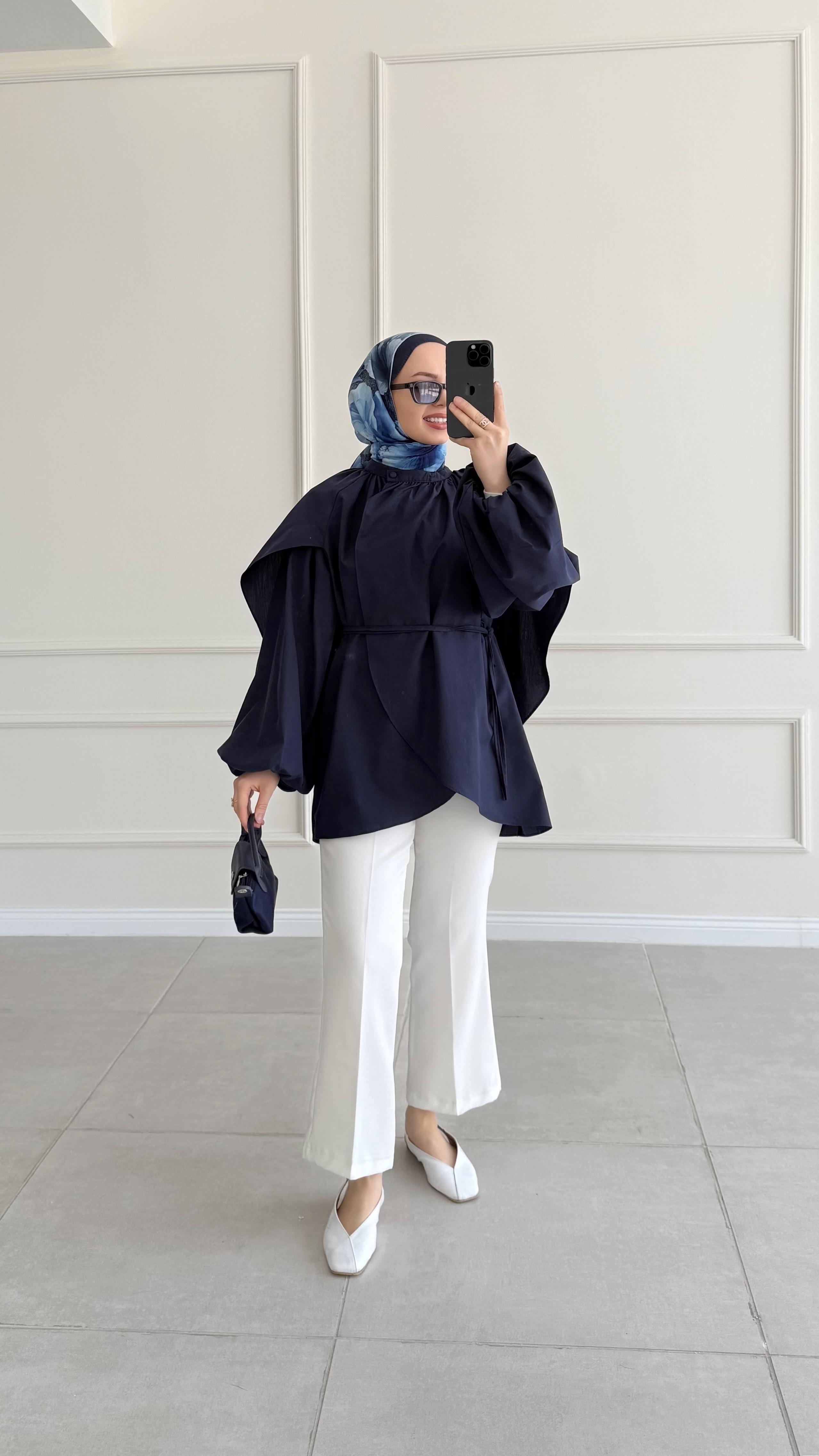 Sterra Pelerinli Lacivert Gömlek