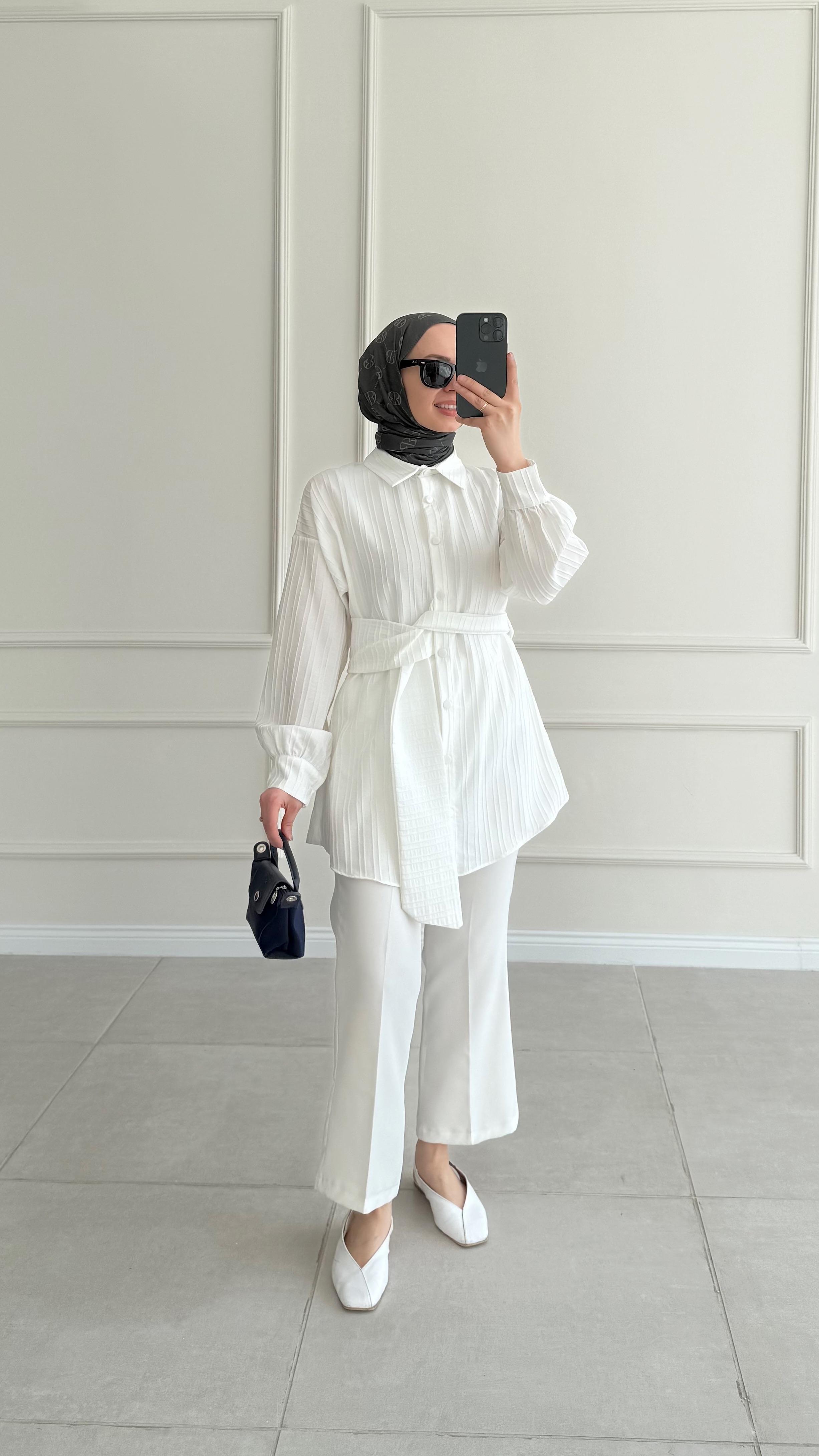 Tanba Tasarım Kuşaklı Beyaz Tunik