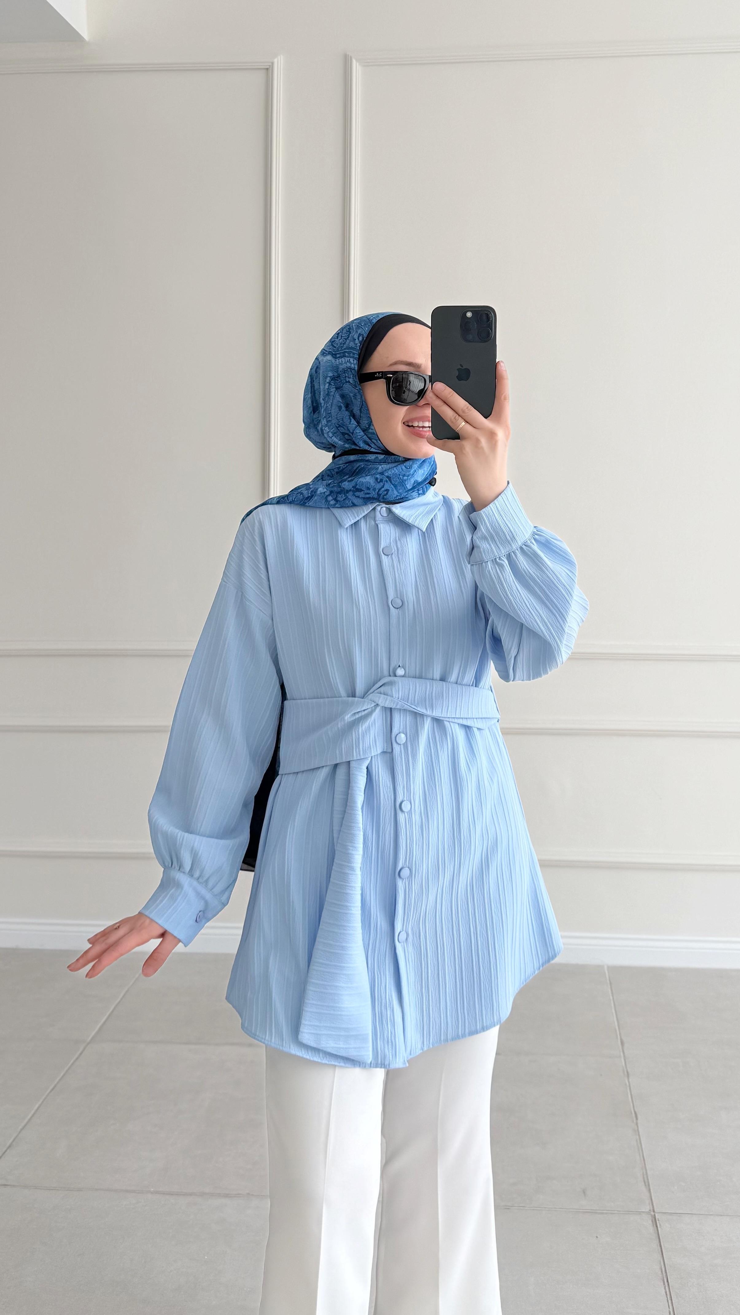 Tanba Tasarım Kuşaklı Mavi Tunik