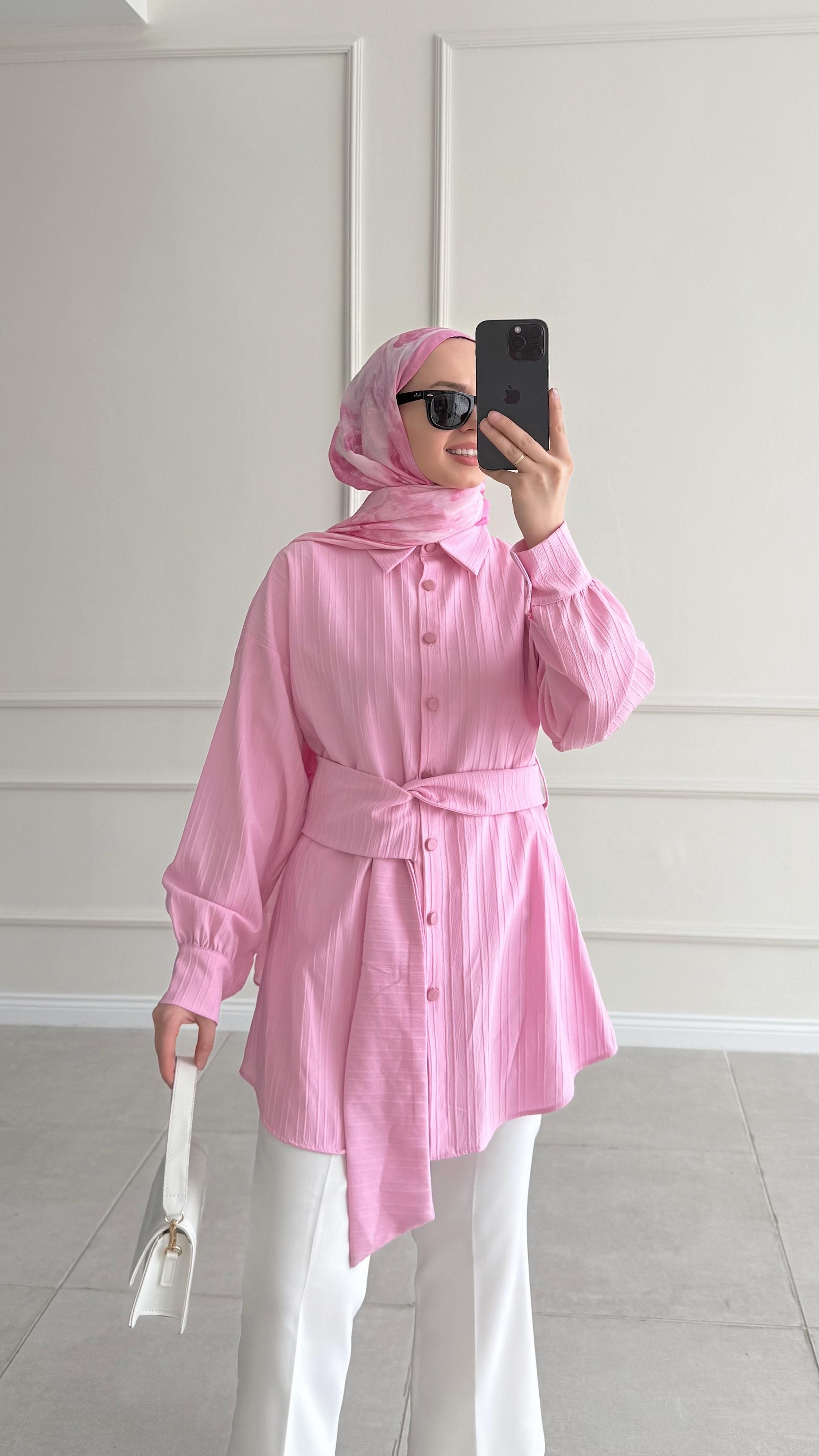 Tanba Tasarım Kuşaklı Pembe Tunik