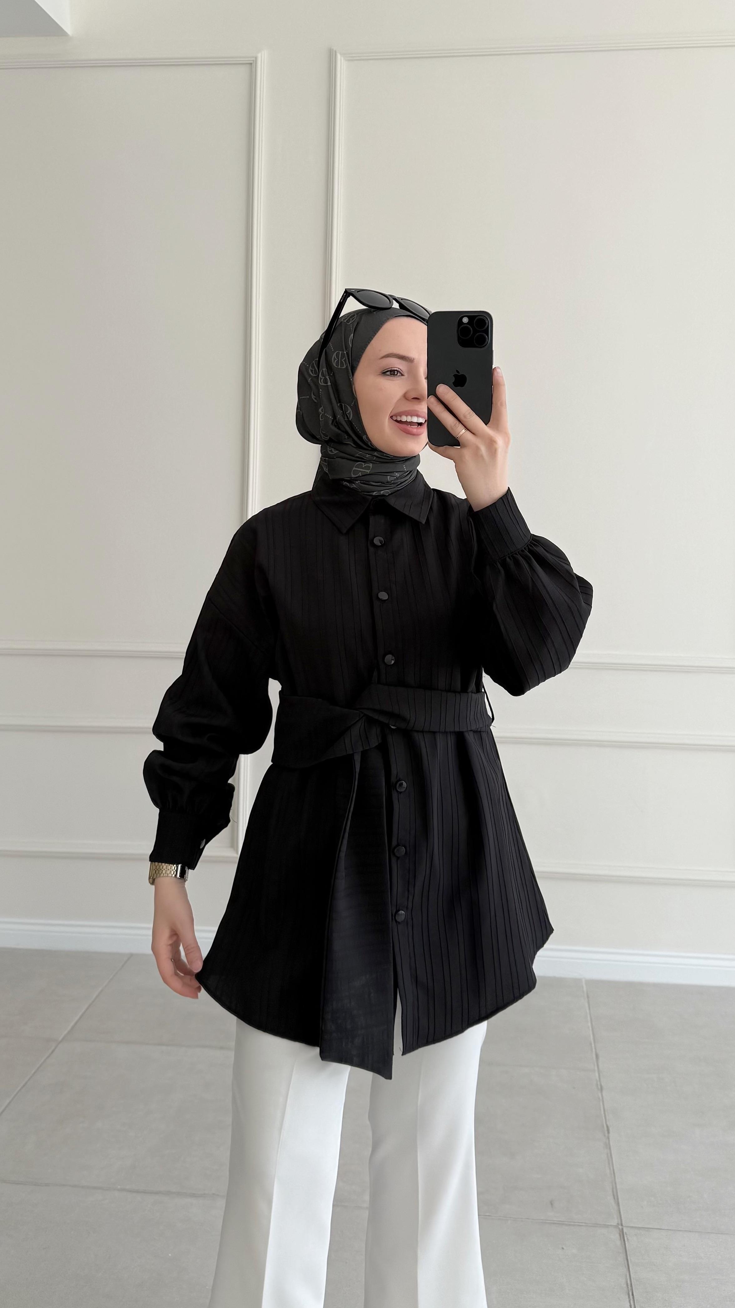 Tanba Tasarım Kuşaklı Siyah Tunik