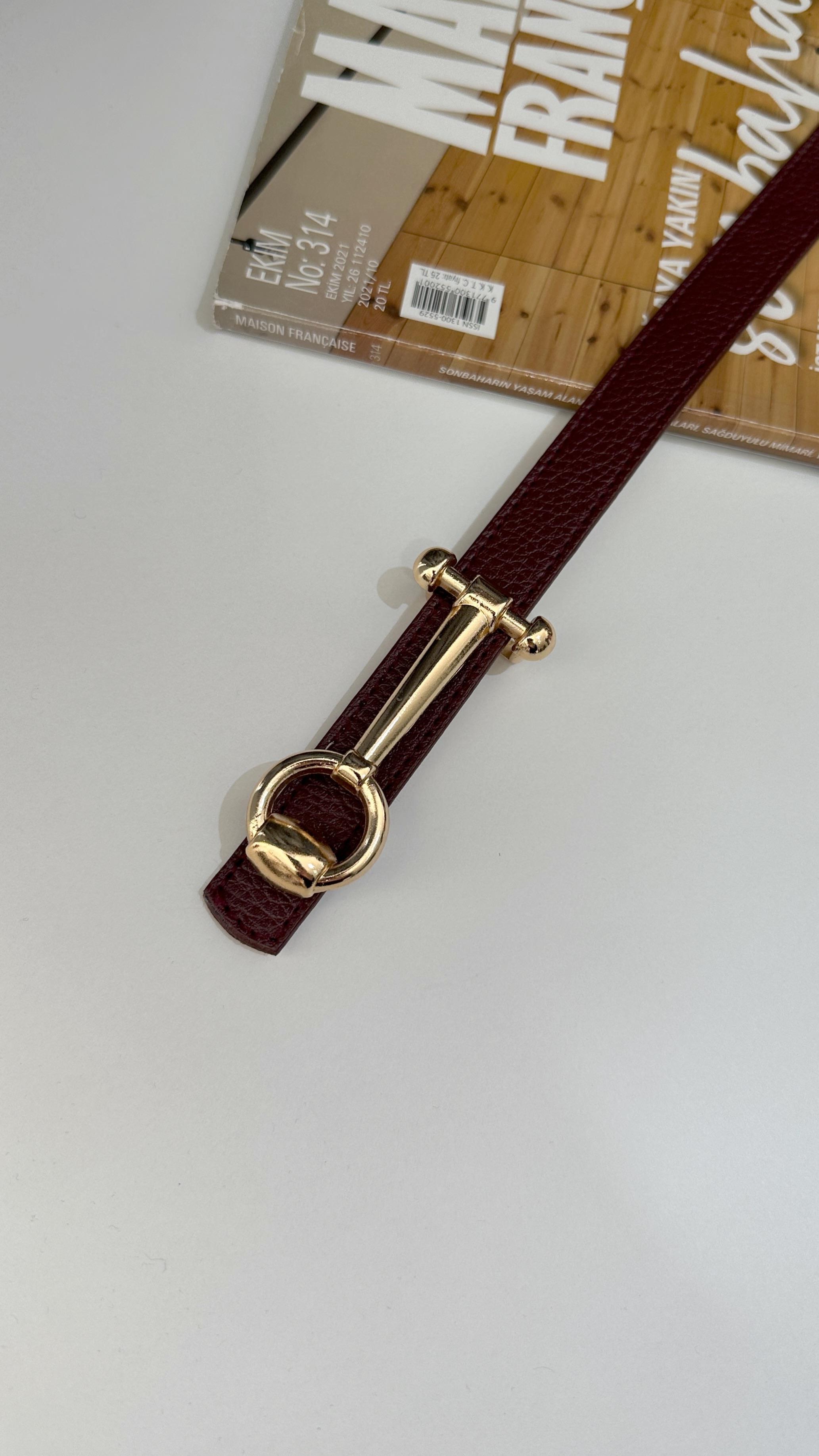 Tasarım Gold Uzun Tokalı Bordo İnce Kadın Kemeri