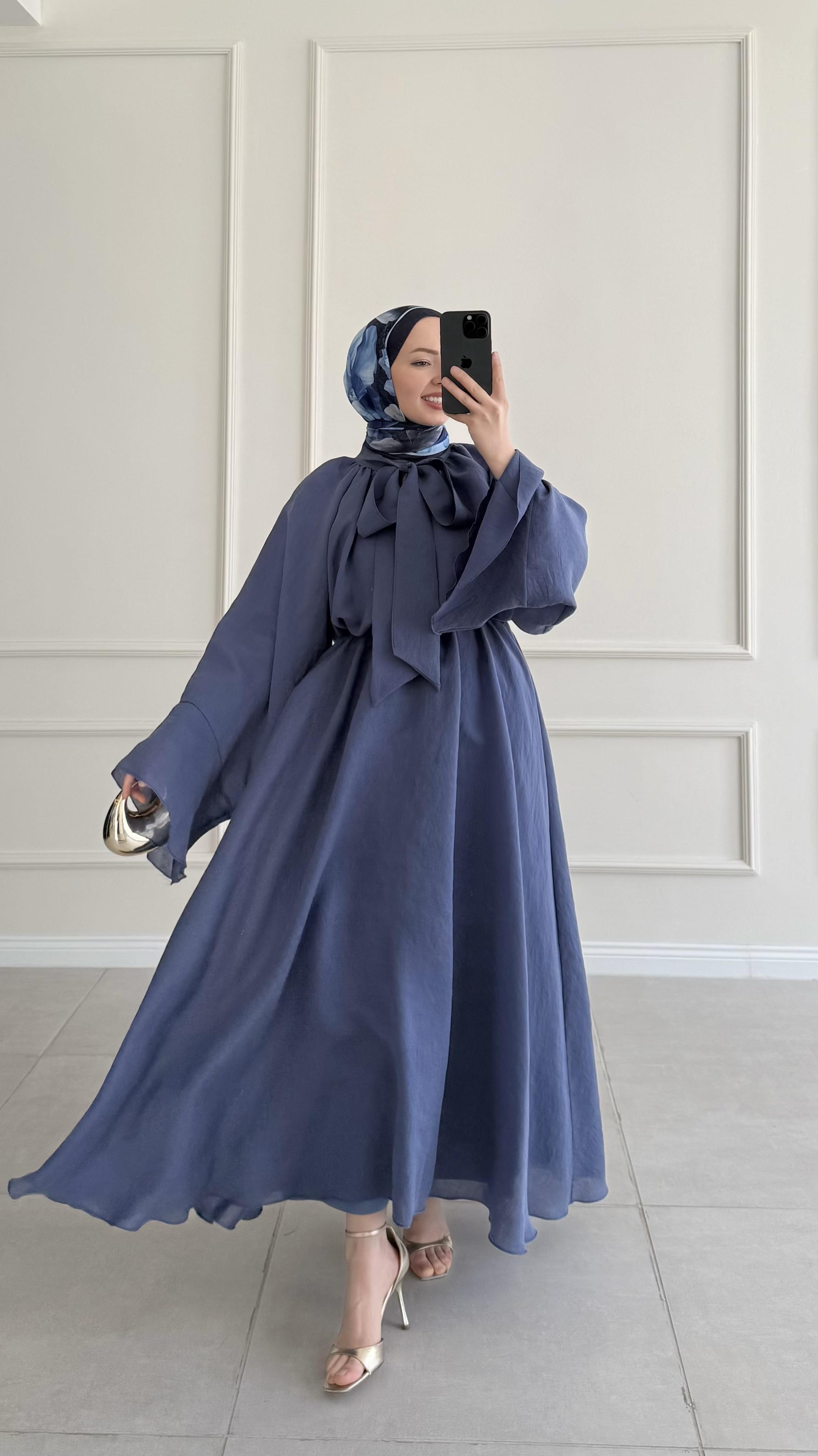 Tatya Boyun Bağlamalı İndigo Elbise 