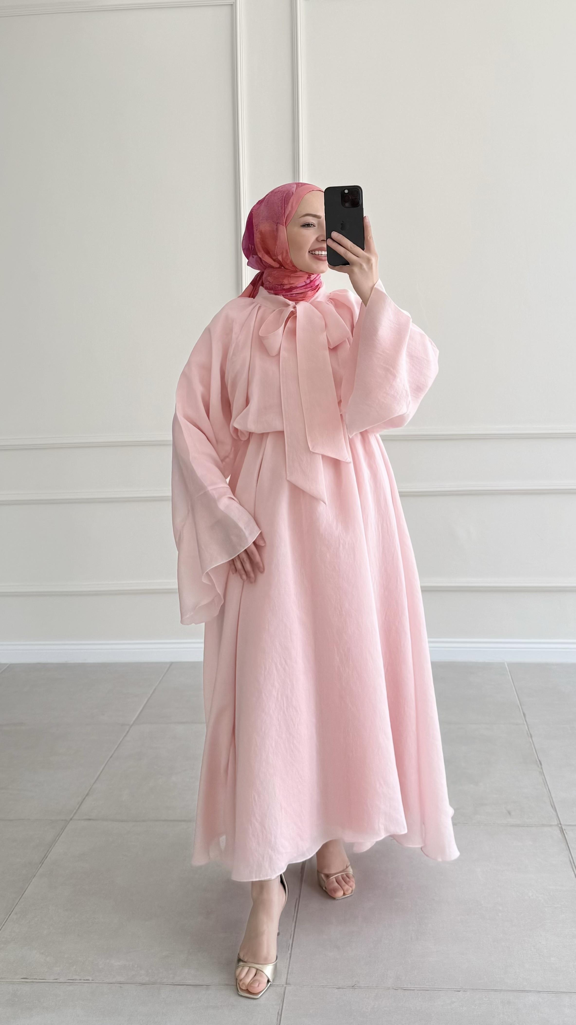 Tatya Boyun Bağlamalı Pembe Elbise 