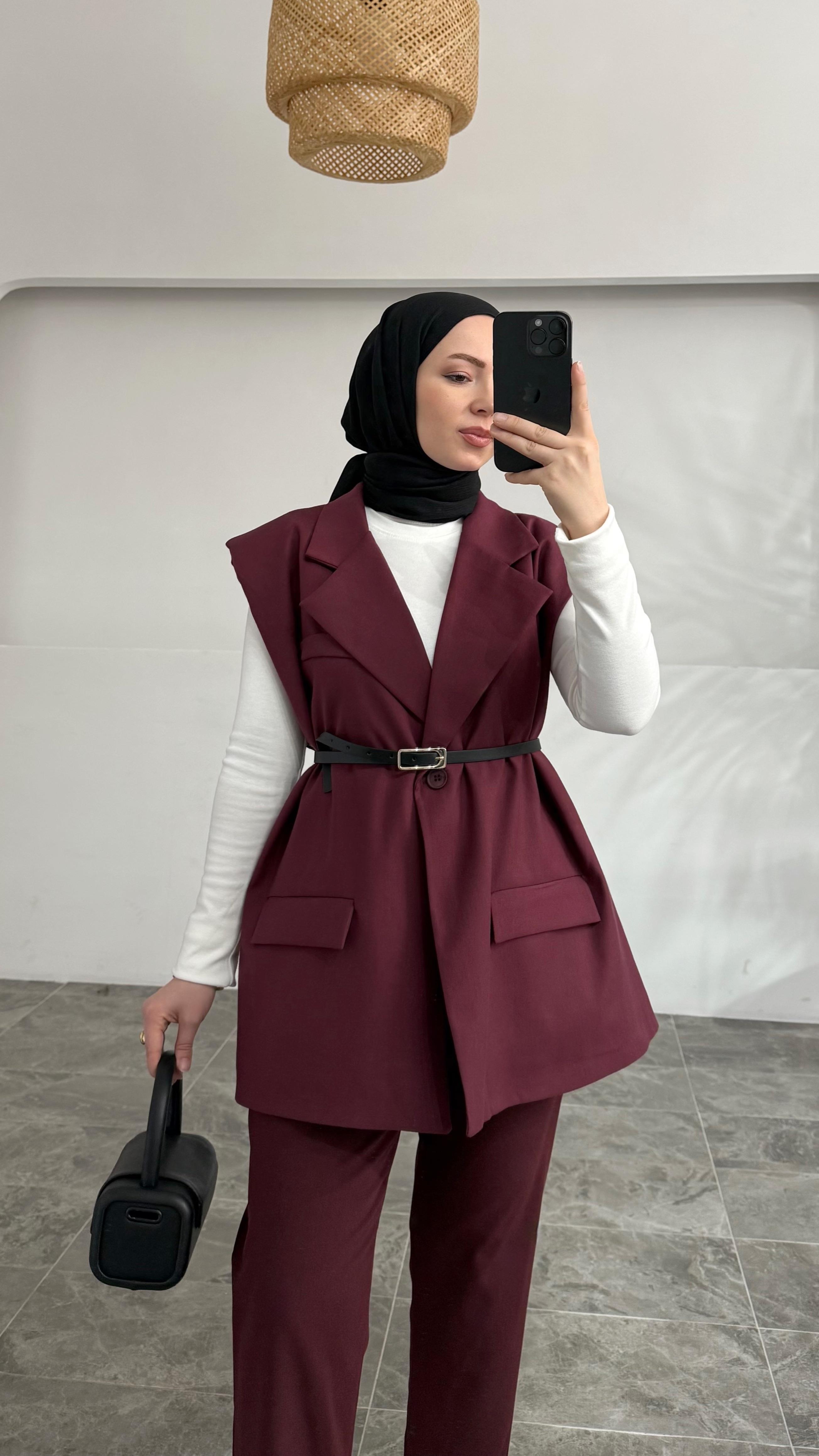Tegga Pinterest Kemerli Blazer Bordo Yelek